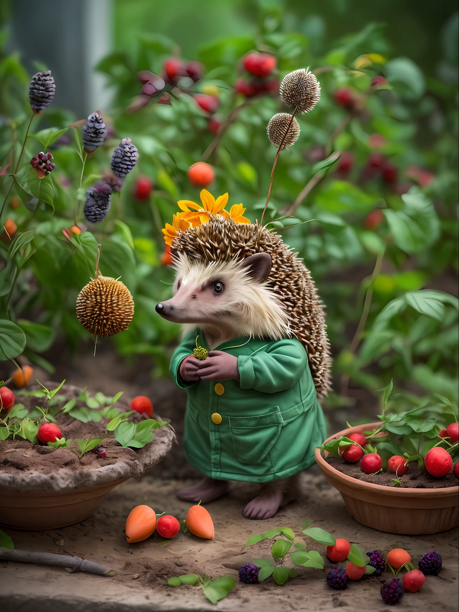 ((Anthropomorphic hedgehog in a gardener's costume picks berries and flowers in the garden)), On the table is a delicious cake and a bouquet of flowers, Lightroom, Cinematic, HDR, Soggy, an intricate, hiquality, Calm tones, Complicated details, low contrast
