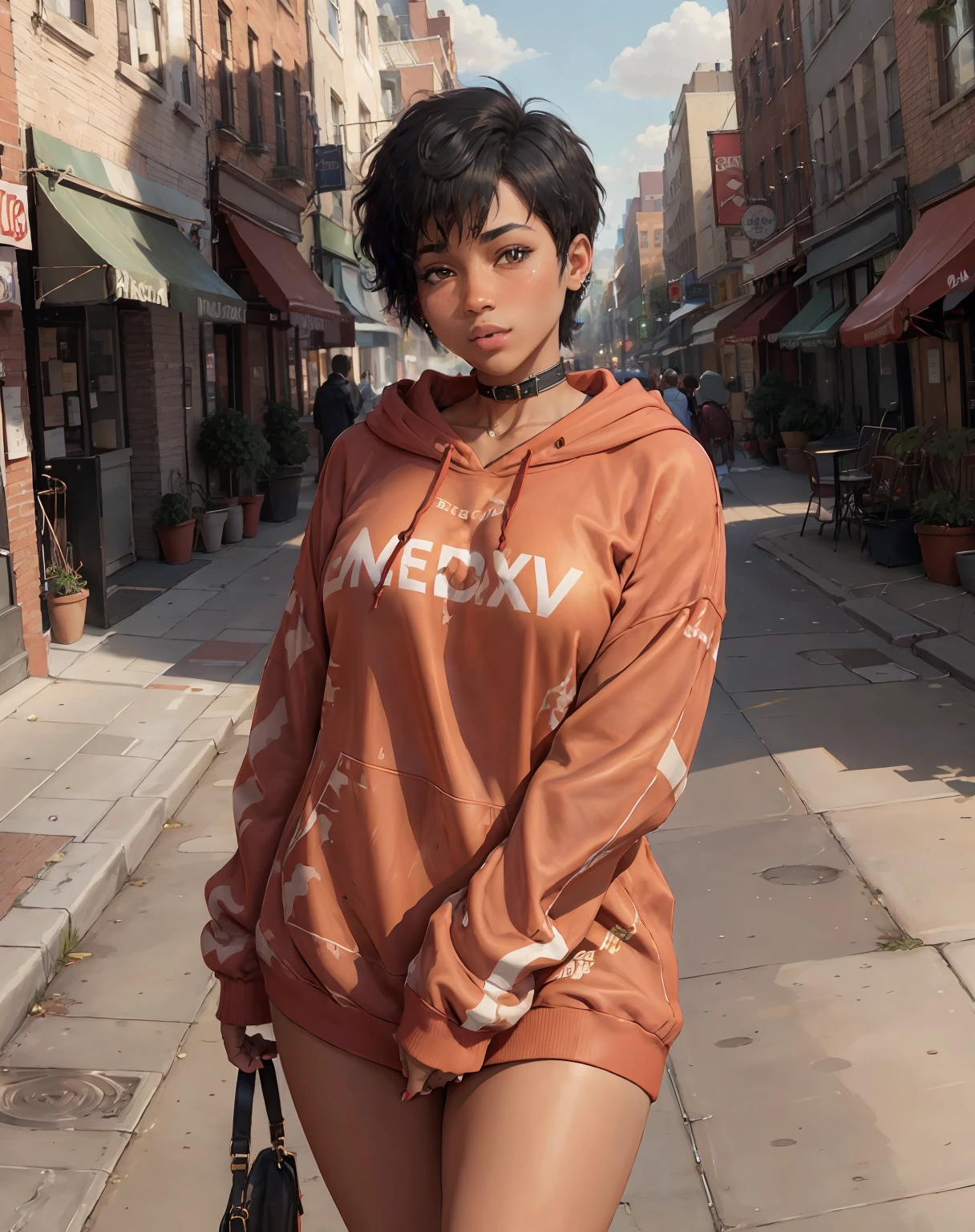 (sexy red oversized_hoodie:1.3) BREAK
[1boy:1girl:0.3], tomboy, solo, very short black hair, pixie cut, brown skin, african american female, (muscular:0.9), (large breasts:1), (medium breasts: 0.25), full-face blush, choker, BREAK
new york city sidewalk, dramatic lighting, absurdres, best quality, clouds, golden hour, sunlight