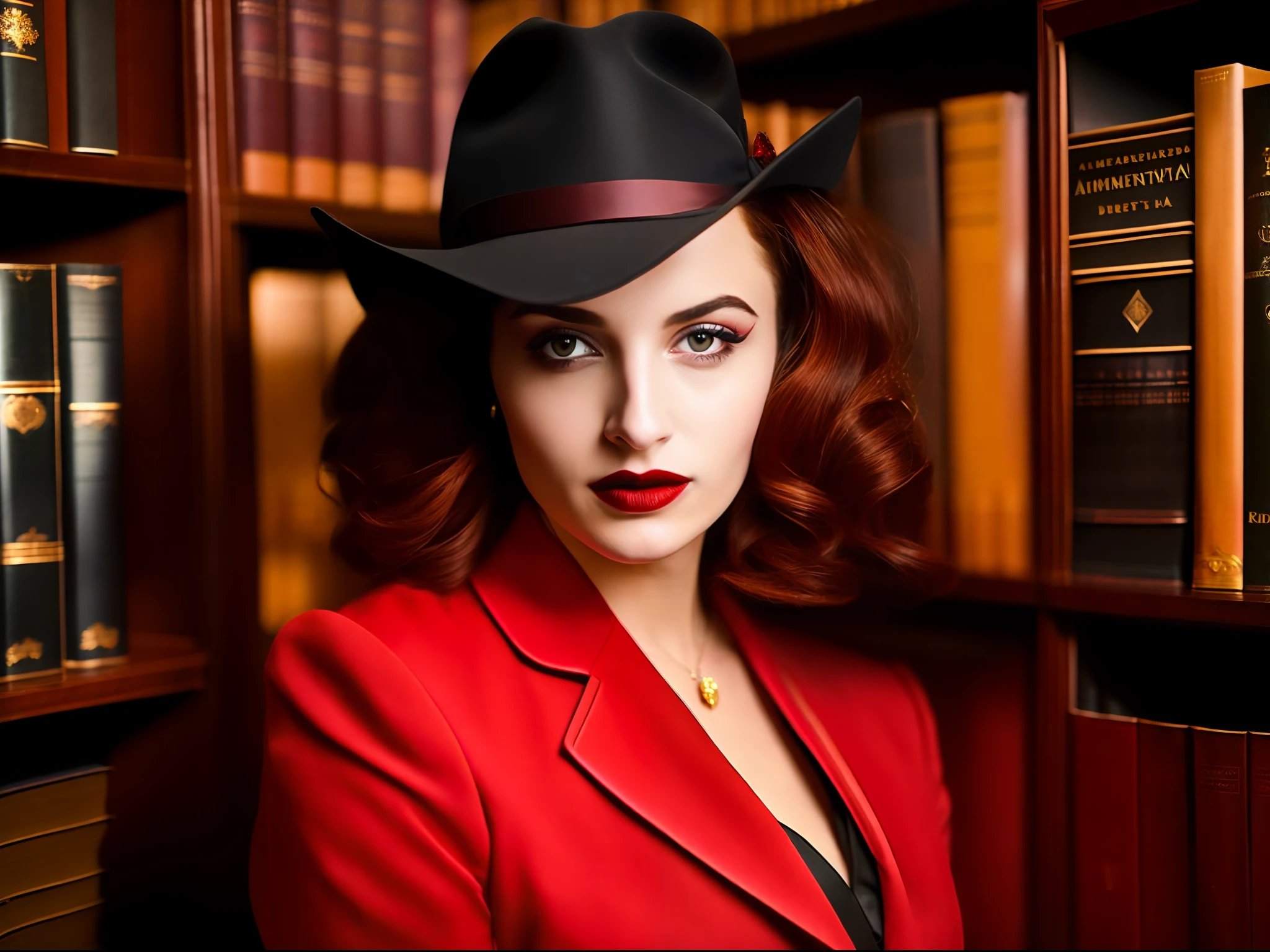 Foto realista de uma linda bruxa de 25 anos com o      olhar confiante e poderoso, dark red colored lips, usando roupas na cor preta no estilo dark academia, dentro de uma biblioteca no ano de 1942, foco nítido, mood lighting, atmosfera sombria, Atmosphere of the photo is gloomy, fotografia de 35mm