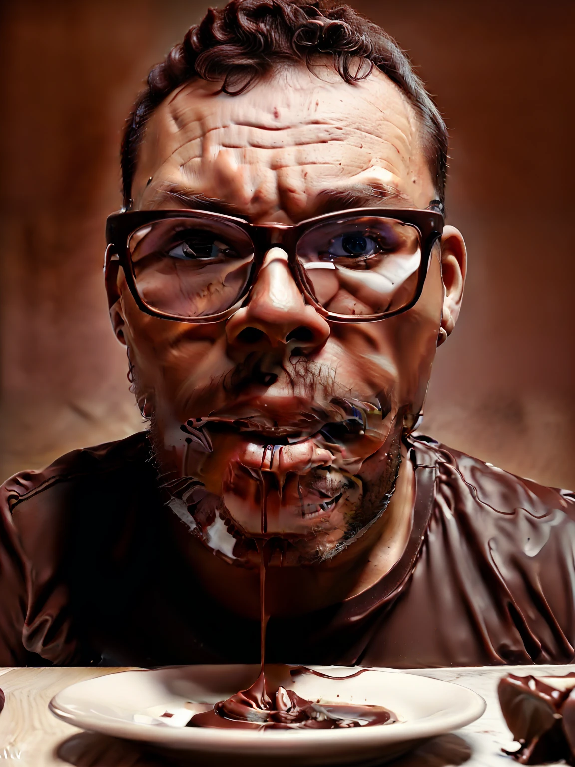 guttonervision8, retrato de um garoto de 3 anos de idade usando oculos, comendo chocolate e com o seu rosto todo sujo de chocolate. Realista, detalhado, intrincado, uhd, 8k