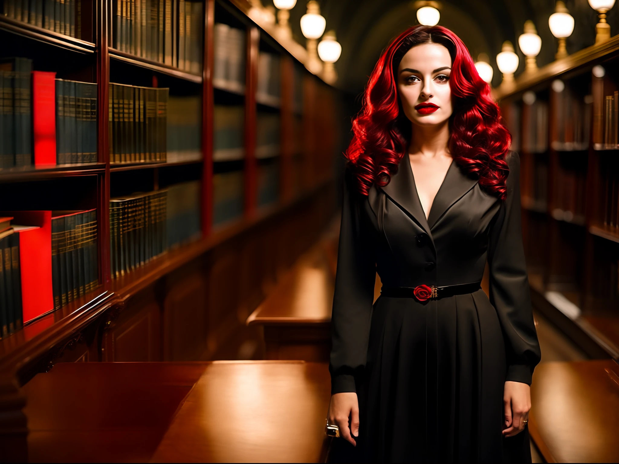 Foto realista de uma linda bruxa de 25 anos com o      olhar confiante e poderoso, dark red colored lips, usando roupas na cor preta no estilo dark academia, dentro de uma biblioteca no ano de 1942, foco nítido, mood lighting, atmosfera sombria, Atmosphere of the photo is gloomy, fotografia de 35mm