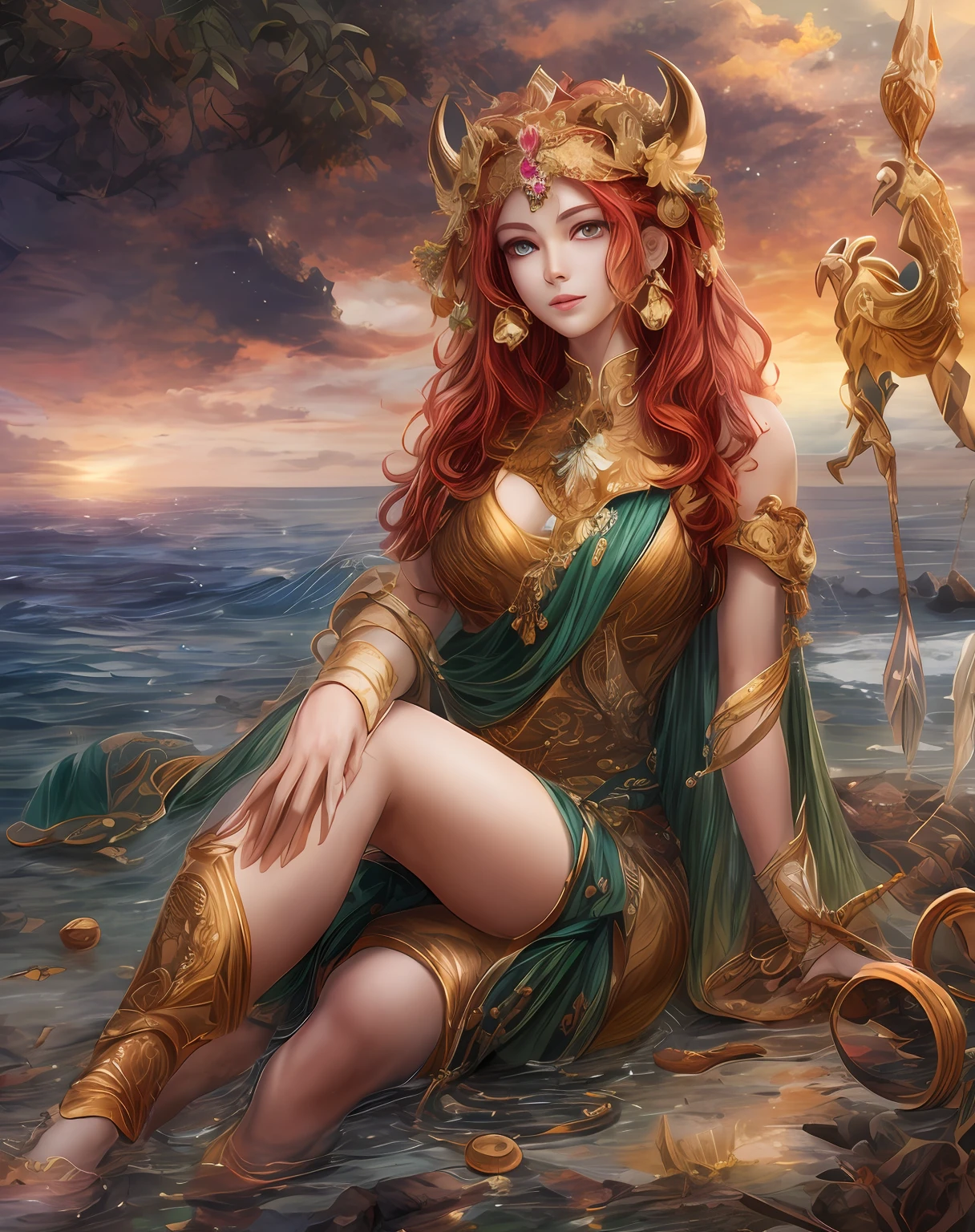 （hoang lap、high high quality、ultra detailed to hand），Zodiac sign- Aries goddess，Similar to Latin goodness，bravery，willful，Productive，The face of enterprising and humanitarianism，sunset reddish hair，Ancient Greek costumes、See-through dresses，The background is the ocean，Crystal green eyes（Eyes detailed），Powerful power appearance