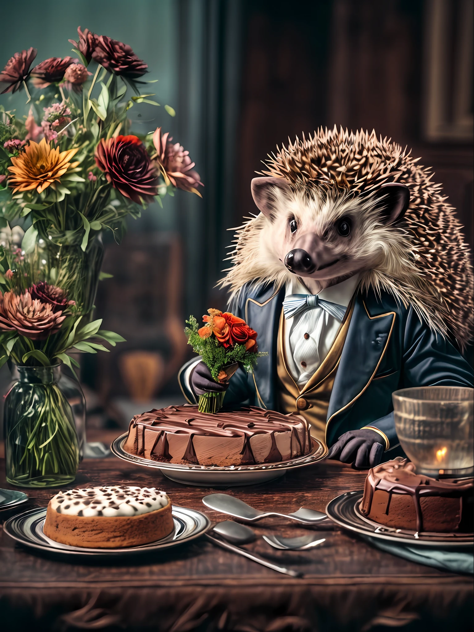 ((Anthropomorphic hedgehog in a gentleman's costume sitting at a table)), On the table is a delicious cake and a bouquet of flowers, Lightroom, Cinematic, HDR, Soggy, an intricate, hiquality, Calm tones, Complicated details, low contrast