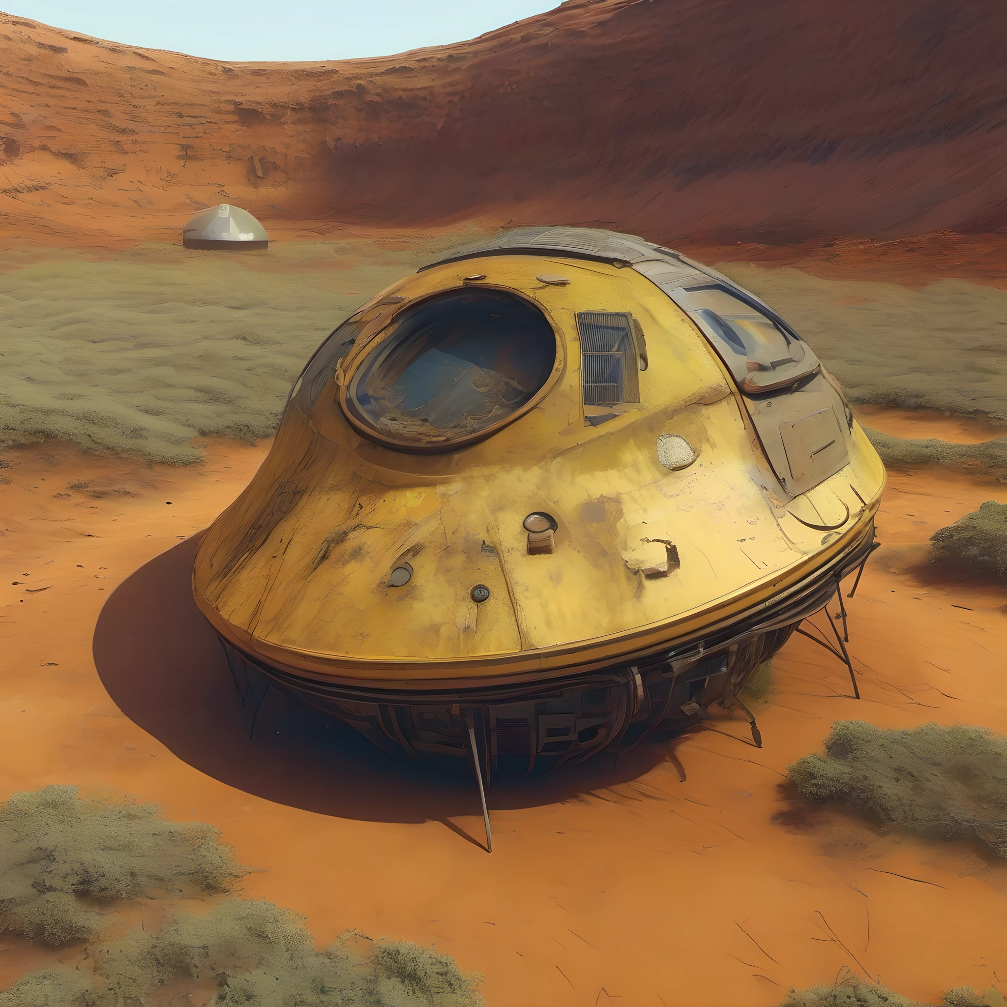 Old abandoned extraterrestrial spacecraft, half buried in the yellowish sand inside a Mars crater, rust, lichen, rust, lichen, style of Simon Stalenhag