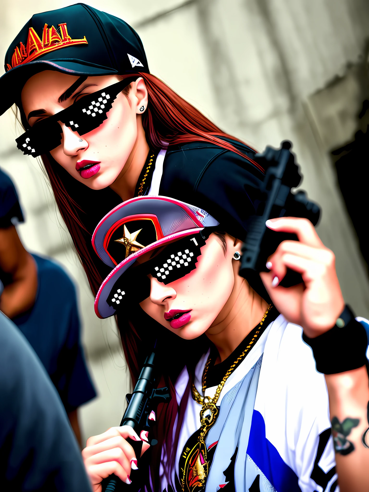 a cocky badass arrogant offensive attitude of superiority female hip hop chav rapper she has a dangerious cocky deminor, merking ya fam with her gun shotting facing side ways she bust a cap in yo ass bust a cap! DealWithIt
