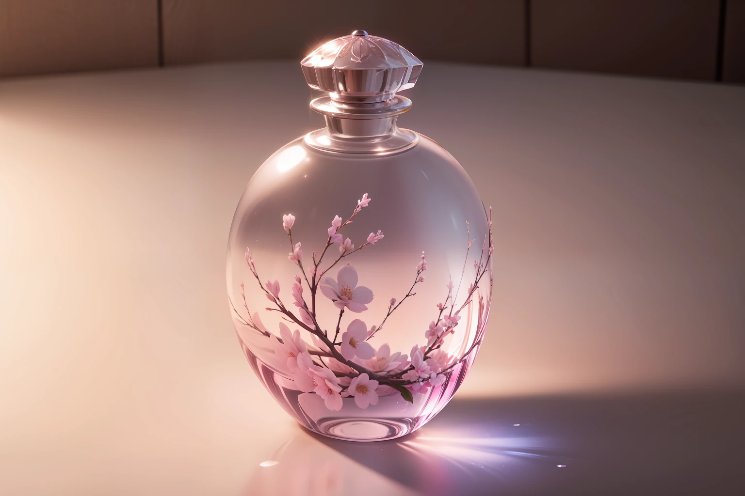 A perfume glass bottle that is modeled in three dimensions and textured with realistic materials. It has an oval body and a silver cap. It is filled with a pink liquid that smells like cherry blossom. The bottle is rotating on a white background with some text and logos.
