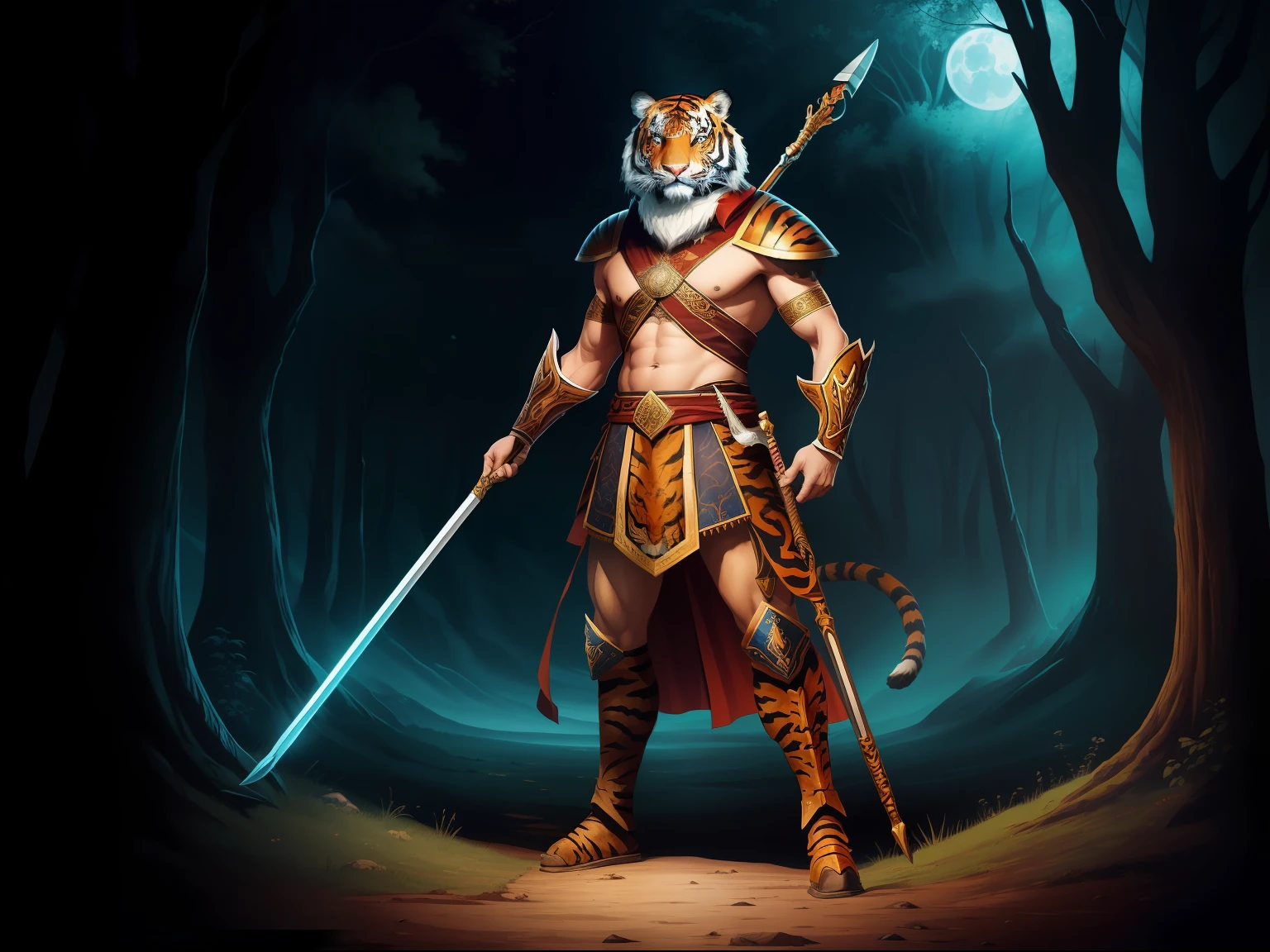 (tmasterpiece） （illustration）A warrior with a tiger head and a human body，holding a long spear，The background is the standing field；