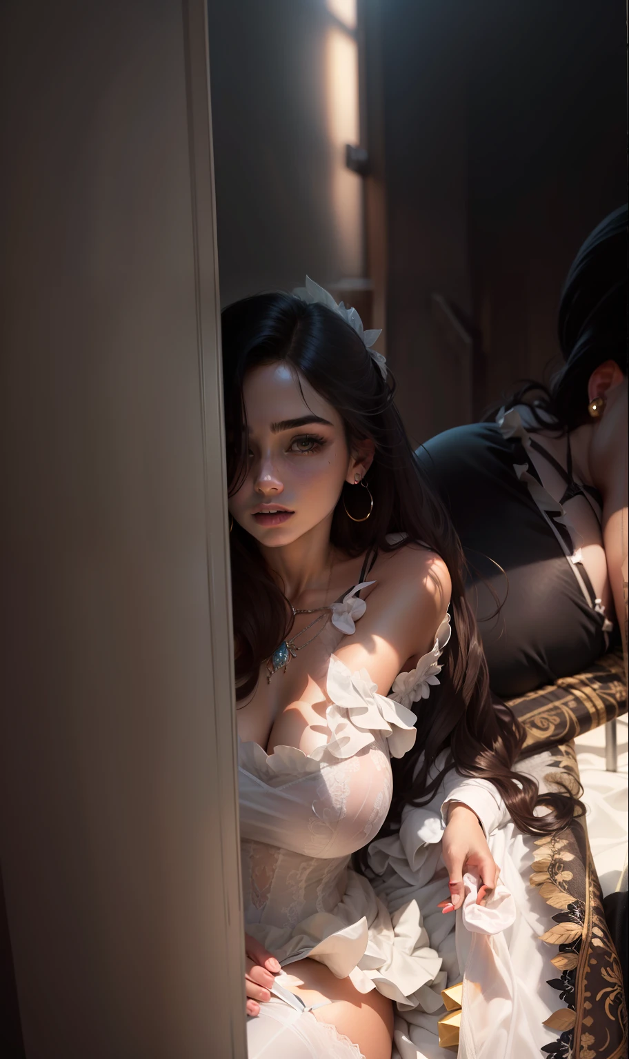 Best quality, Masterpiece, Super high resolution, (Photorealistic: 1.4), Raw photo, 1 girl, Half shoulder, Deep shadow, Low key, Cold light, On bed, Lying on back, Garter belt, See-through clothes, Open legs , white tights, gorgeous necklace, earrings, long hair, high heels