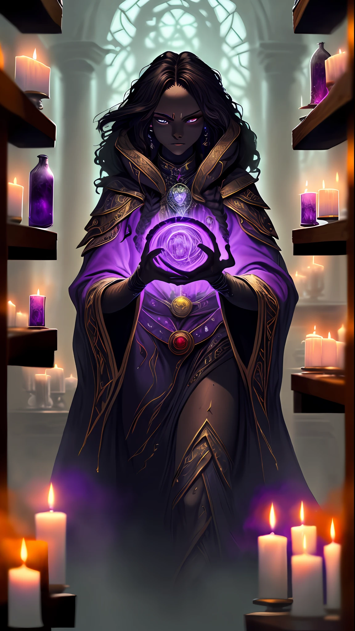 8k, ultra detailed, masterpiece, best quality, (extremely detailed), full body a human  (intense details, Masterpiece, best quality: 1.5), female  (intense details, Masterpiece, best quality: 1.5),  mage, arcane wizard, manipulating magical energies  (intense details, Masterpiece, best quality: 1.5), in a magical laboratory  (intense details, Masterpiece, best quality: 1.5), female human, wearing white robe (intense details, Masterpiece, best quality: 1.5), purple cloak with magical sigils (intense details, Masterpiece, best quality: 1.5), extremally beautiful woman, dark skin  (intense details, Masterpiece, best quality: 1.5), black hair, long hair, braided hair, magic lab. bickers, vials, arcane book shelves, depth of field (intense details, Masterpiece, best quality: 1.5), candles light, dynamic light