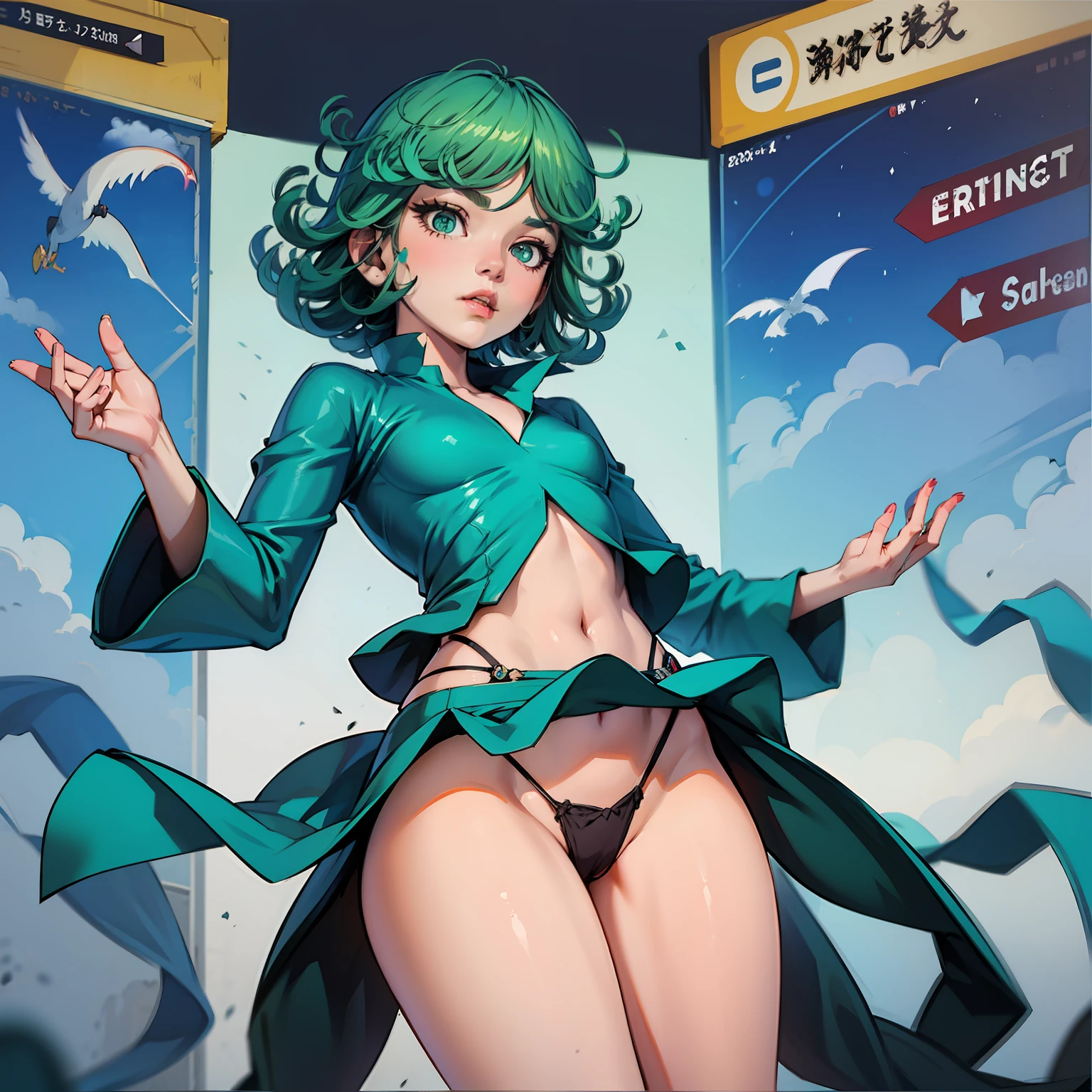 abriendo las piernas, mini falda extremadamente corta, skirt lift, V-String, trasero grande, Cara detallada, obra maestra, La mejor calidad, tatsumaki, cuerpo completo, one girl, una solo chica