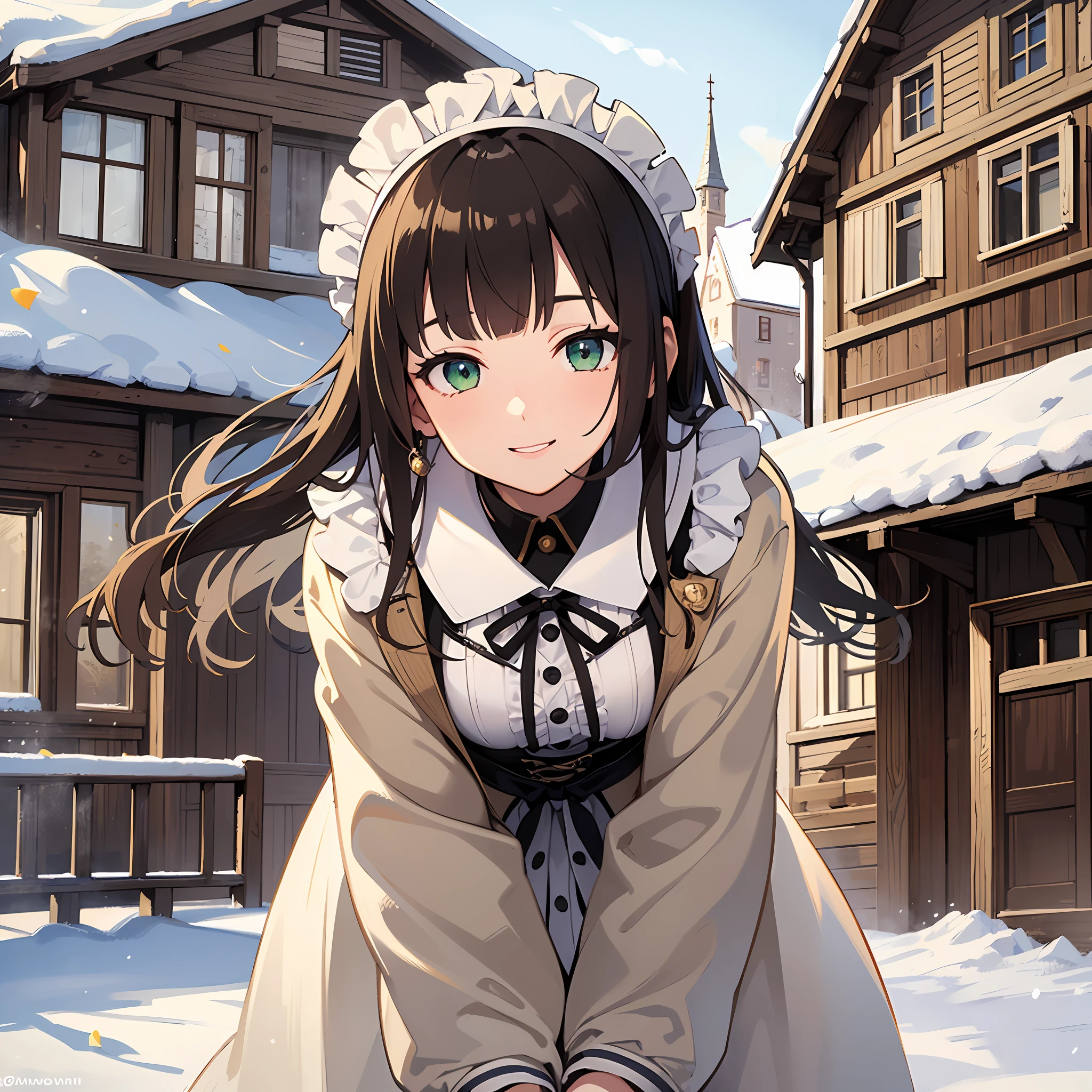(masterpiece:1.3), (best quality:1.3), high resolution,
couboy shot,
leaning forward, body facing forward,
(one cute girl:1.3), solo,
white skin, small Breast, eight-headed person,
light brown hair, long hair, straight hair, (blunt bangs:1.2), beautiful hair, green eyes, drooping eyes, beautiful detailed eyes,
cheerful smile,
coat, maid,
outdoors, medieval western town, winter, snowy landscape, snowman,
shadowlighting,