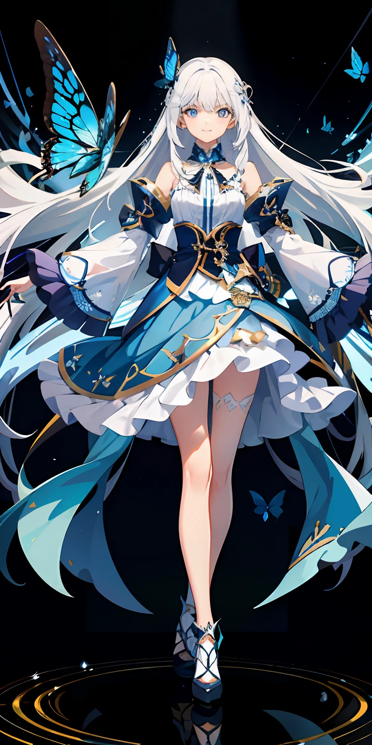 tmasterpiece,Best quality at best,hyper detailed illustration,Extremely refined and beautiful, 1girll,light smile,long white hair,blue color eyes,blue skirts,Flying blue butterflies,live stage,Particles of Light,