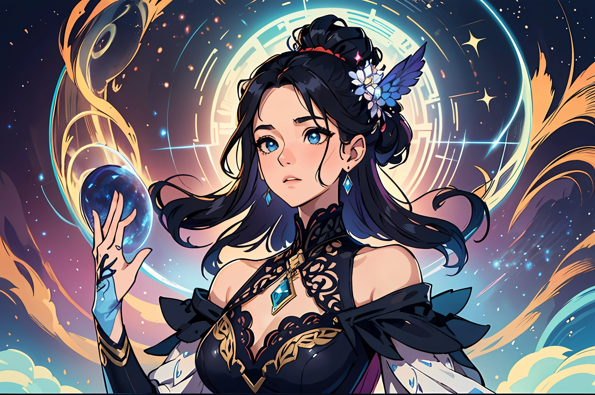 masterful fusion of elegance and power, boasting awe-inspiring and ethereal features. Its form is imbued with vibrant colours, clothing made out of the elements, off shoulders, intricate patterns, and graceful contours that evoke a sense of majesty. Radiating an enigmatic aura, this wondrous creation embodies the very essence of mythical artistry