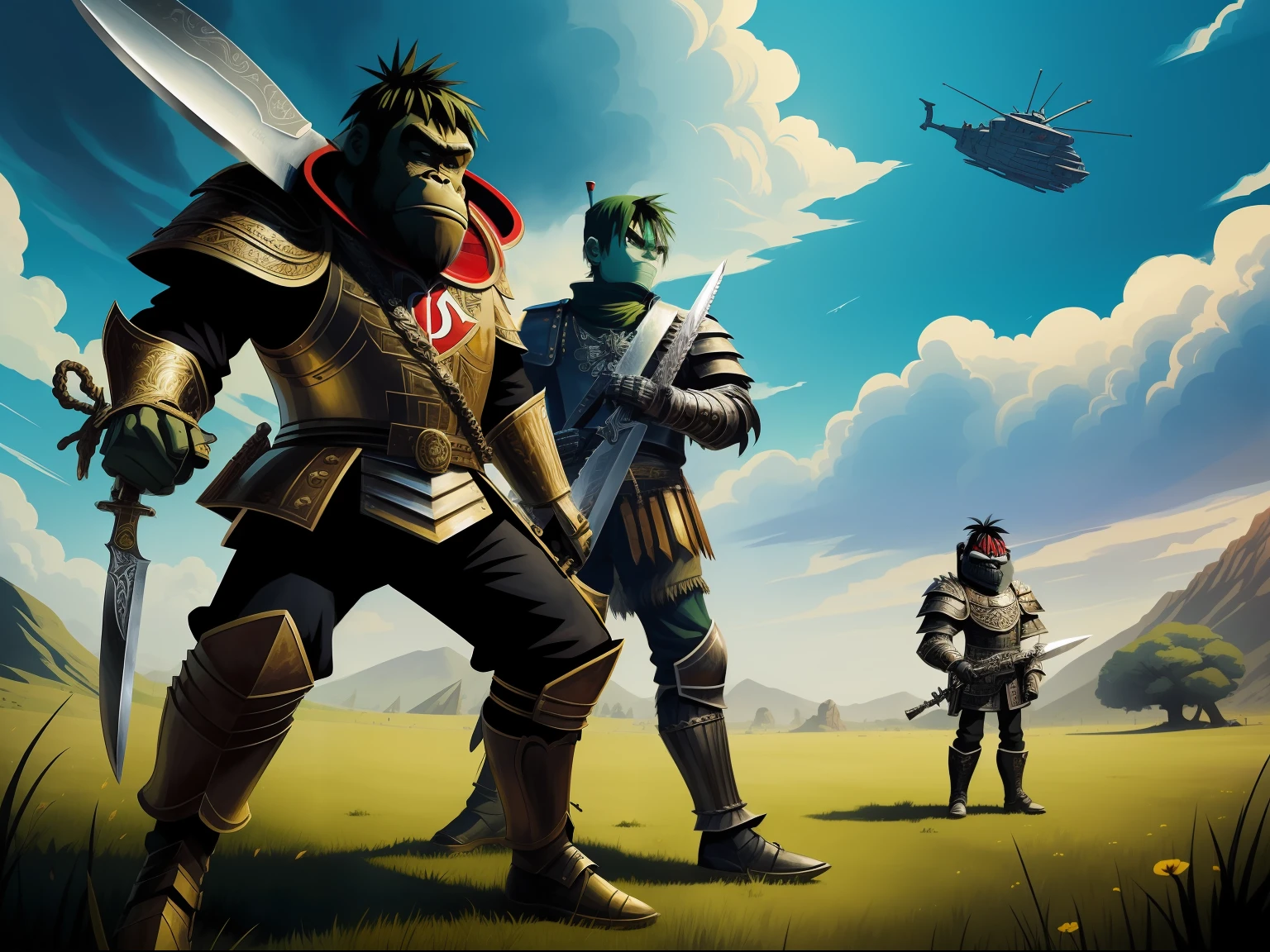 (tmasterpiece) (illustration)gorillaz,Wearing armor,Armed with a large knife,The background is the standing field;