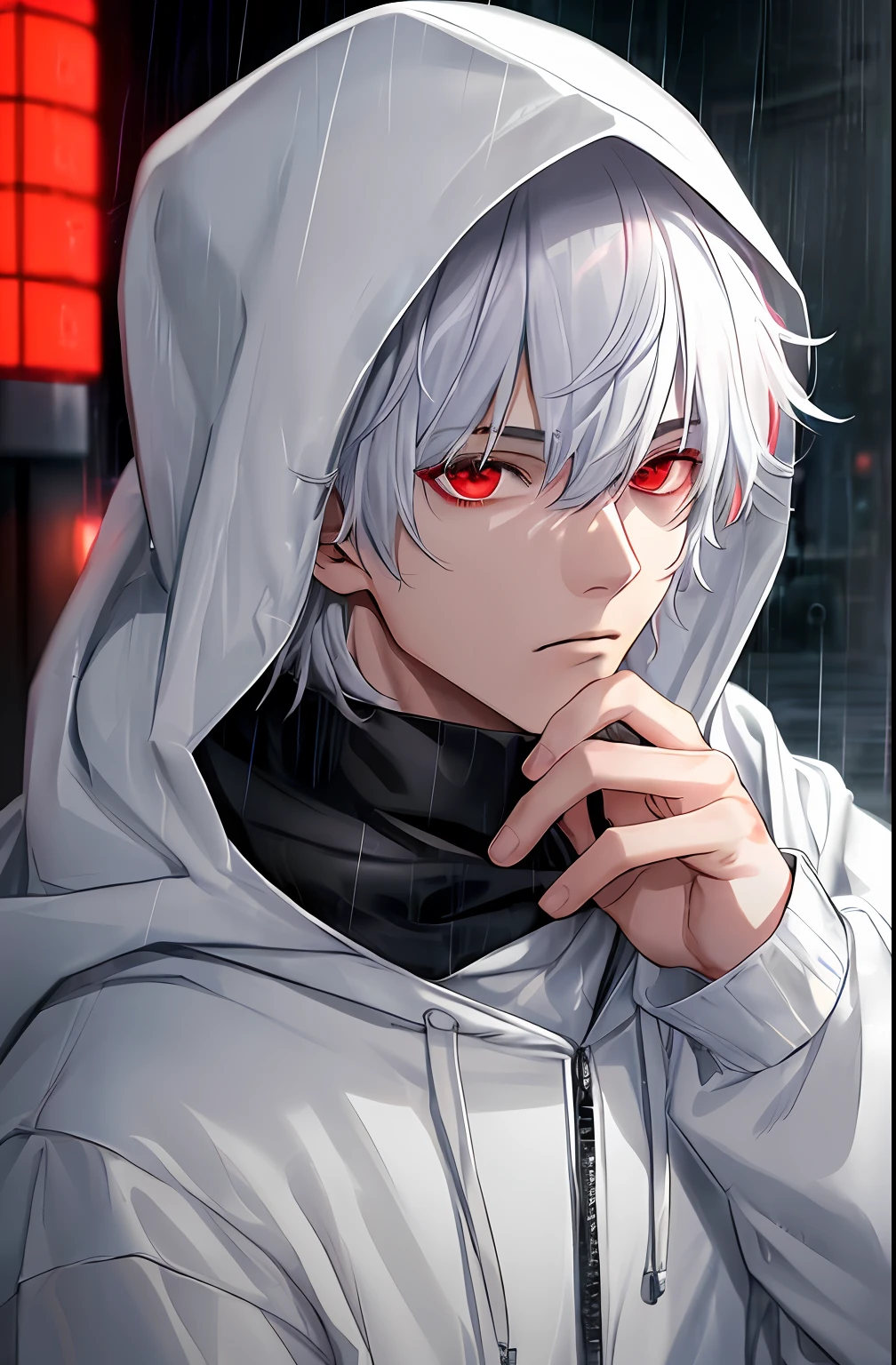 kk, best quality, more details, masterpiece, 1boy, kaneki ken, portrait, male focus, red eyes, solo, bangs, looking at viewer, hood, short hair, rain, tokyo tokyo \(city\), hood up, nail polish, white hair, luxurious, 8k, detailed, ray tracing, depth of field, cinematic lighting,