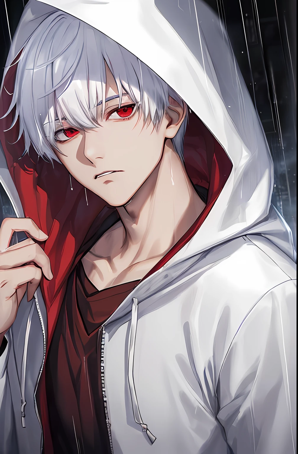 kk, best quality, more details, masterpiece, 1boy, kaneki ken, portrait, male focus, red eyes, solo, bangs, looking at viewer, hood, short hair, rain, tokyo tokyo \(city\), hood up, nail polish, white hair, luxurious, 8k, detailed, ray tracing, depth of field, cinematic lighting,