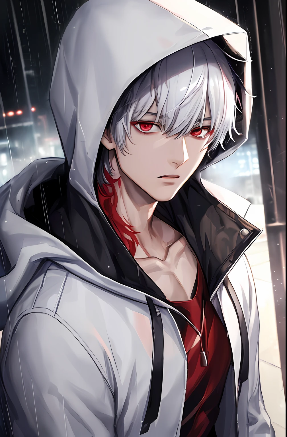 kk, best quality, more details, masterpiece, 1boy, kaneki ken, portrait, male focus, red eyes, solo, bangs, looking at viewer, hood, short hair, rain, tokyo tokyo \(city\), hood up, nail polish, white hair, luxurious, 8k, detailed, ray tracing, depth of field, cinematic lighting,