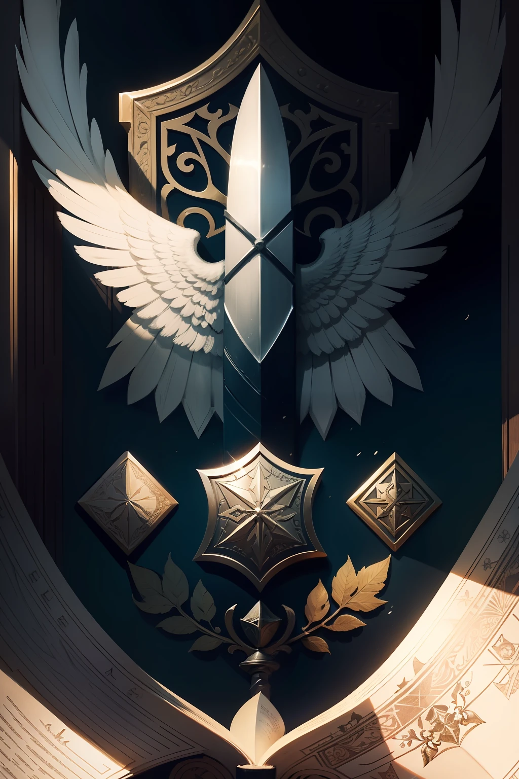 Logo design，With a shield as a background，There is a sword on it，crosses，pigeons，opened book，Eau，and other elements，Suitable for making badges