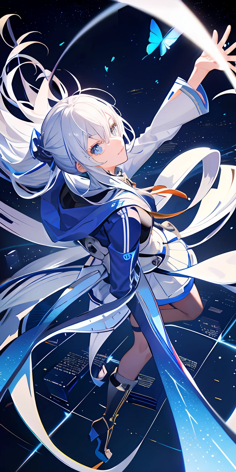 （​master piece：1.2，high high quality）， （pix：1.4）， （1girll：1.2）long  white hair，blue color eyes，Flying blue butterflies，Mature female body，holographic interface， 城市， blue jacket， mitts， City lights， longer sleeves， head looking up， view over city， boots， build， the night， from the above