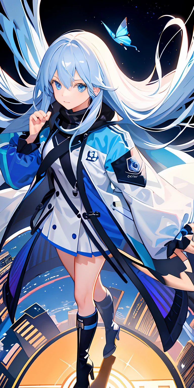 (master piece:1.2,high high quality), (pix:1.4), (1girll:1.2)long white hair,blue color eyes,Flying blue butterflies,Mature female body,holographic interface, 城市, blue jacket, mitts, City lights, longer sleeves, head looking up, view over city, boots, build, the night, from the above