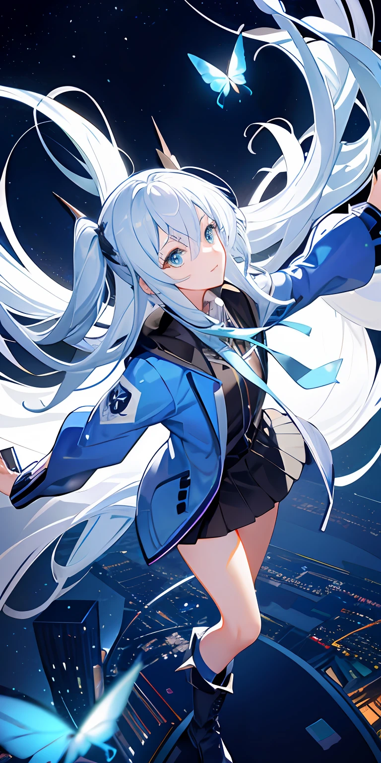 (master piece:1.2,high high quality), (pix:1.4), (1girll:1.2)long white hair,blue color eyes,Flying blue butterflies,Mature female body,holographic interface, 城市, blue jacket, mitts, City lights, longer sleeves, head looking up, view over city, boots, build, the night, from the above