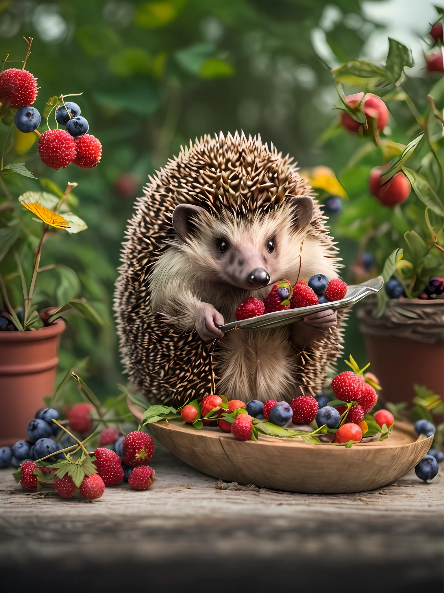 ((Anthropomorphic hedgehog in gardener costume picks berries and flowers in the garden)), On the table is a delicious cake and a bouquet of flowers, Lightroom, Cinematic, HDR, Soggy, an intricate, hiquality, Calm tones, Complicated details, low contrast