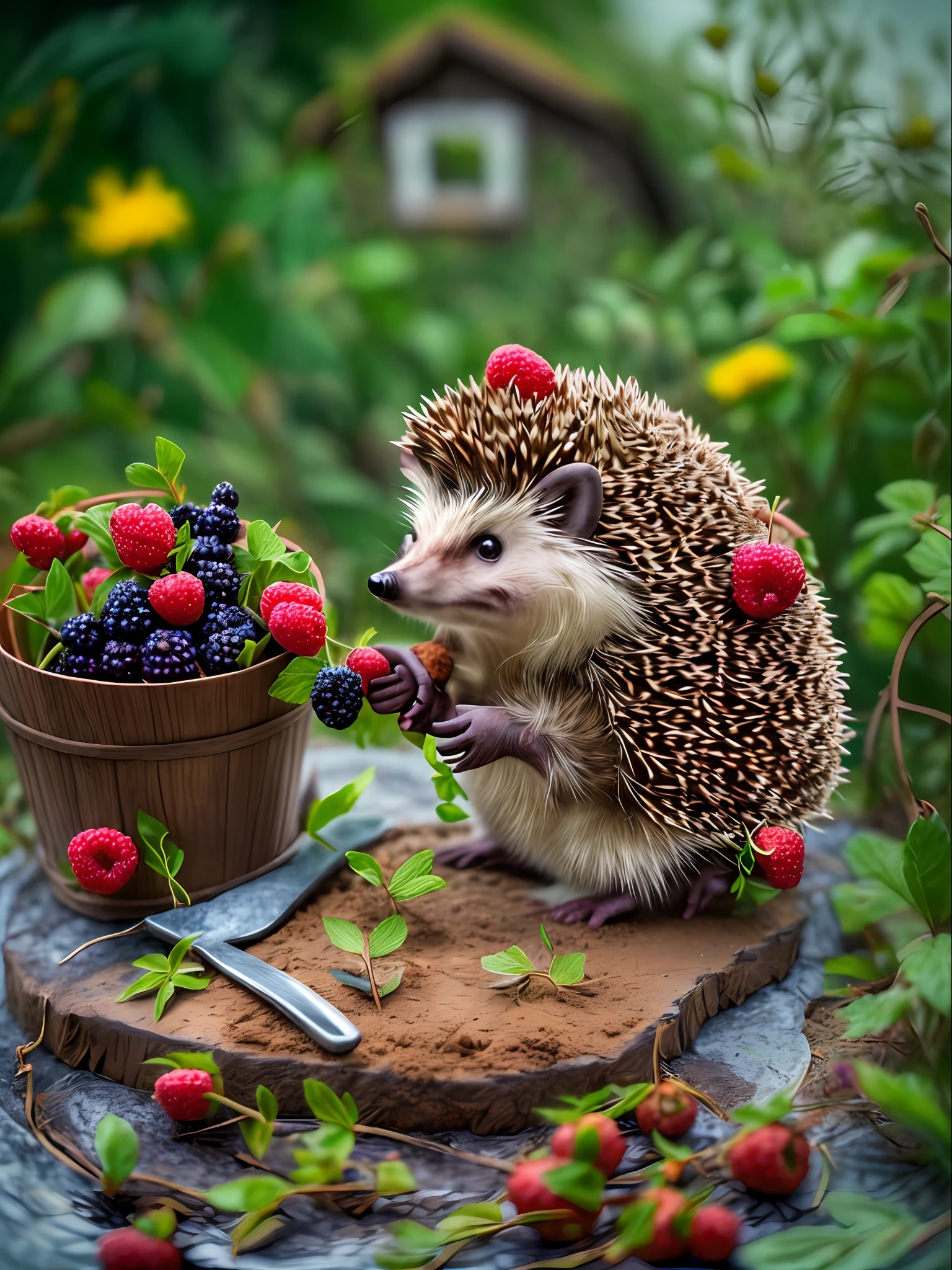 ((Anthropomorphic hedgehog in gardener costume picks berries and flowers in the garden)), On the table is a delicious cake and a bouquet of flowers, Lightroom, Cinematic, HDR, Soggy, an intricate, hiquality, Calm tones, Complicated details, low contrast