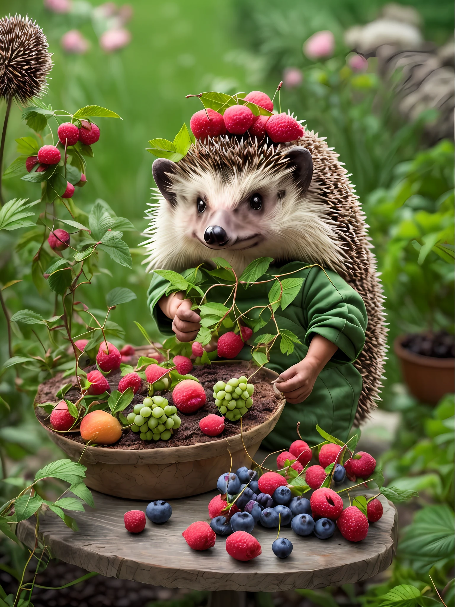 ((Anthropomorphic hedgehog in gardener costume picks berries and flowers in the garden)), On the table is a delicious cake and a bouquet of flowers, Lightroom, Cinematic, HDR, Soggy, an intricate, hiquality, Calm tones, Complicated details, low contrast