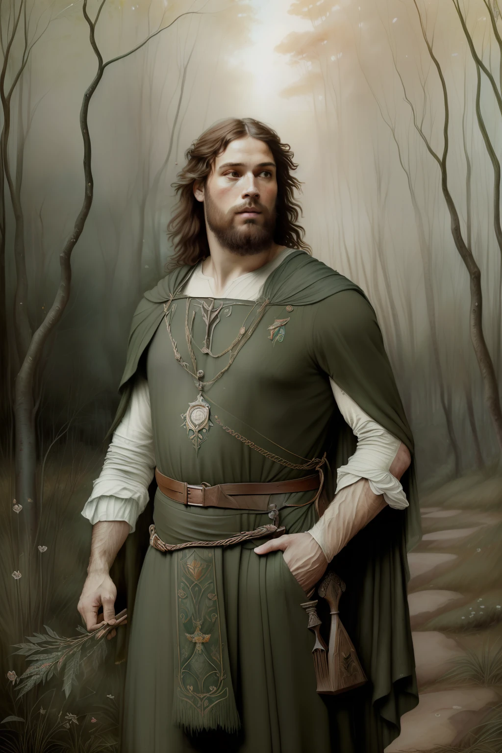 rfonte de cura com juncos, floresta encantada. (((Pre-Raphaelite painting velho homem druida de branco, de barba branca, recolhe ervas em seu manto no bosque, paisagem celta, rosto pre-rafaelita)))