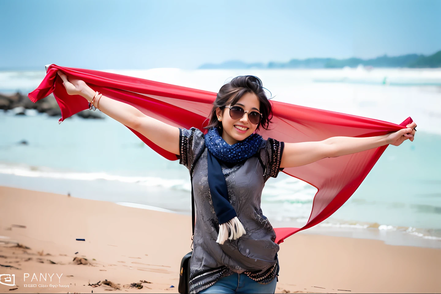 woman with a red scarf on a beach near the ocean, posing on a beach with the ocean, inspired by T. K. Padmini, posing on the beach, candid photography, at a beach, with a cool pose, by Max Dauthendey, * colour splash *, posing!!, profile pic, shot on canon camera, casual photography, in the beach