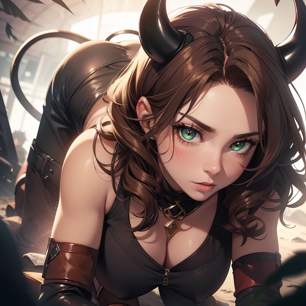(highres, best quality, masterpiece) realistic drawing, adult female, (solo, women), mother like, (detailed, highly detailed), soft lighting 4k, dramatic lighting 4k, long brown hair, curly hair, green eyes, (detailed eyes), demon red skin, fully body hunter outfit, ((gloves: black, boots: brown, pants: brown)), (athletic_build, fit body), devil horns, devil tail, red skin, tan stomach, smooth skin, on a battlefield, magic hands, casting magic