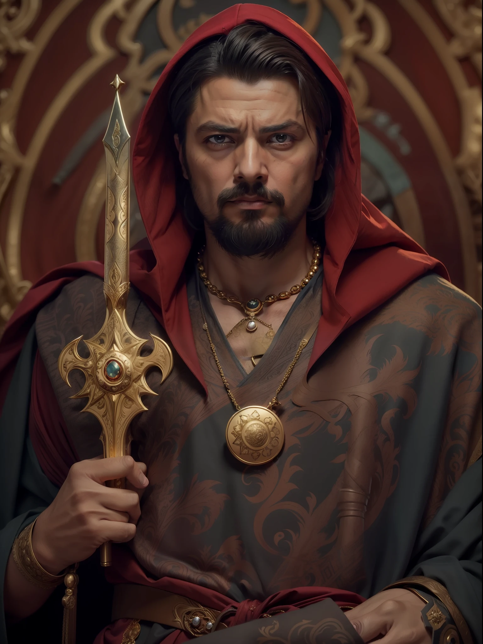 A man in a red robe and a gold necklace with a magic stone, Persian sword in hand, inspired by Rajmund Kanelba, Karl Urban – The Dragon Slayer as a Medieval Fantasy Character, tuomas korpi and wlop, Prince Handsome of Persia, still from a fantasy movie, handsome male, full-shot, 8K portraiture, From Netflix Arcane , highly detailed vfx portrait of, Mughal Khan