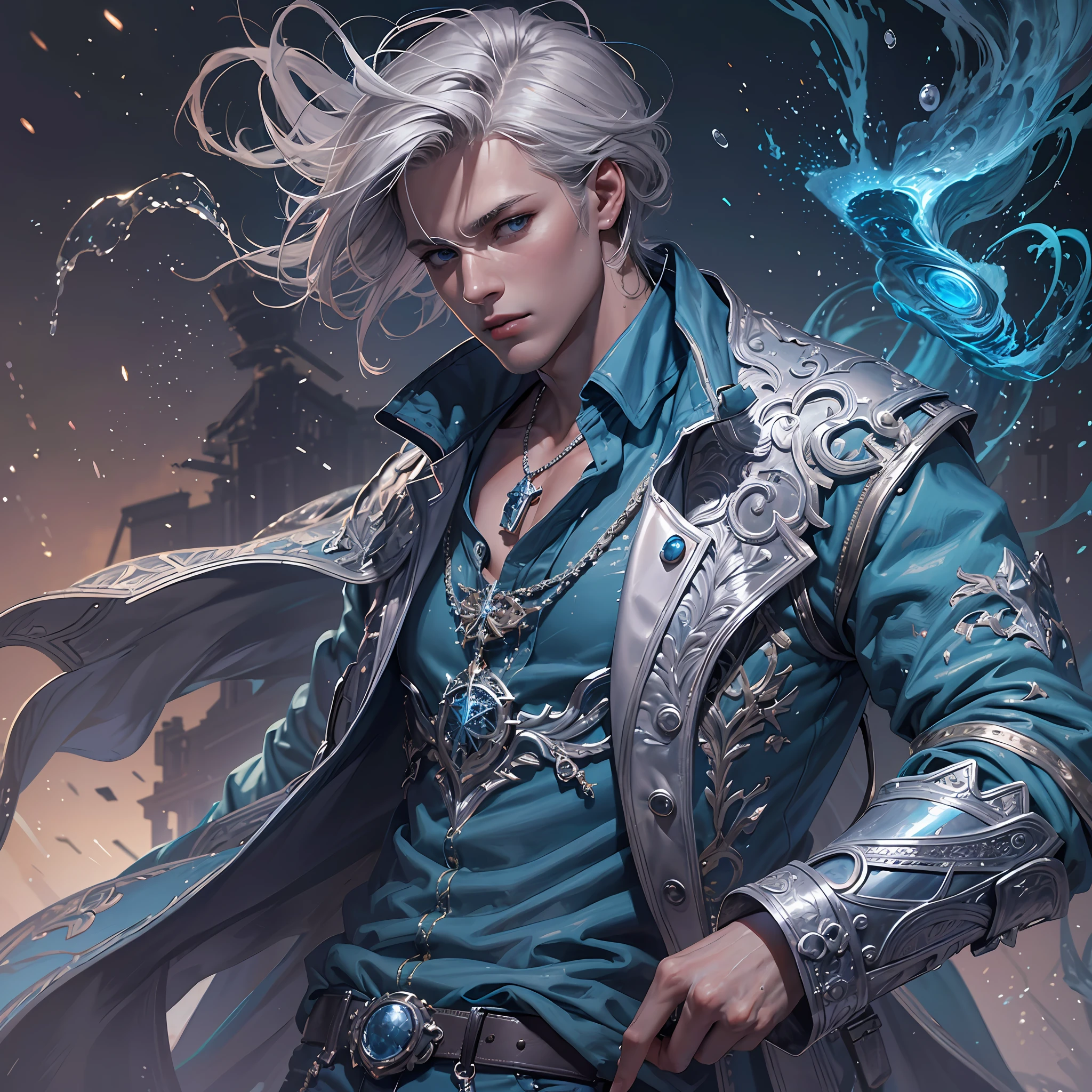 (absurdres, highres, ultra detailed), 1 male, young adult, handsome, tall muscular guy, broad shoulders, blond hair, blue eyes, finely detailed eyes and detailed face, extremely detailed CG unity 8k wallpaper, intricate details, (style-swirlmagic:1.2), portrait, looking at viewer, solo, (full body:0.6), dynamic pose, detailed background, warrior mage, blue aura, casting a spell, tangle, zentangle, entangle, white trench coat, silver amulet, dark shirt, worn jeans, silver detailing, sparkling blue mist, floating pieces of dirt, blue energy emanating, cowboy shot, urban area, night,