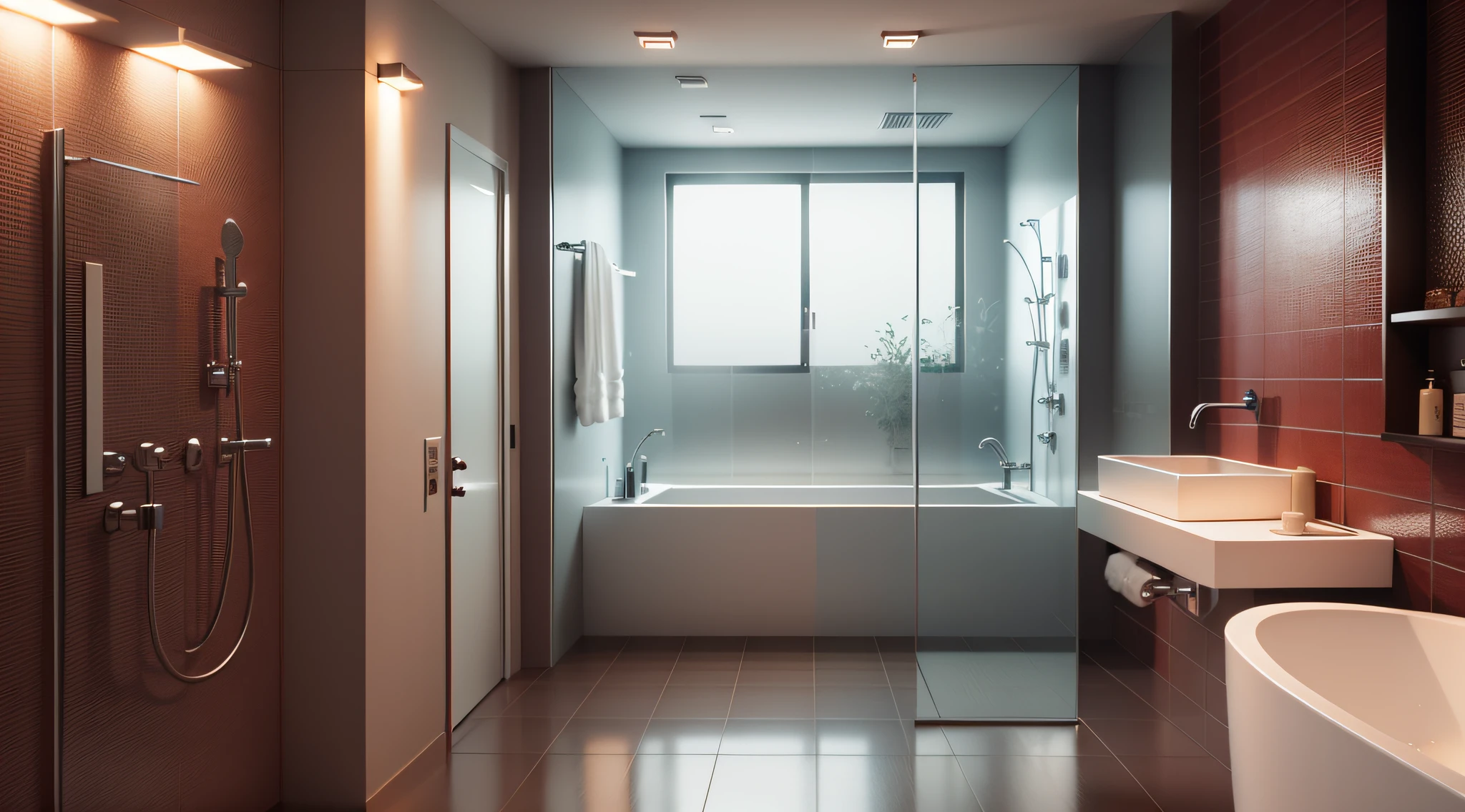 Bathroom simple and modern decoration,Glass wall with various fish,lavabo de madeira vermelha,Octane Render 3D,Full HD