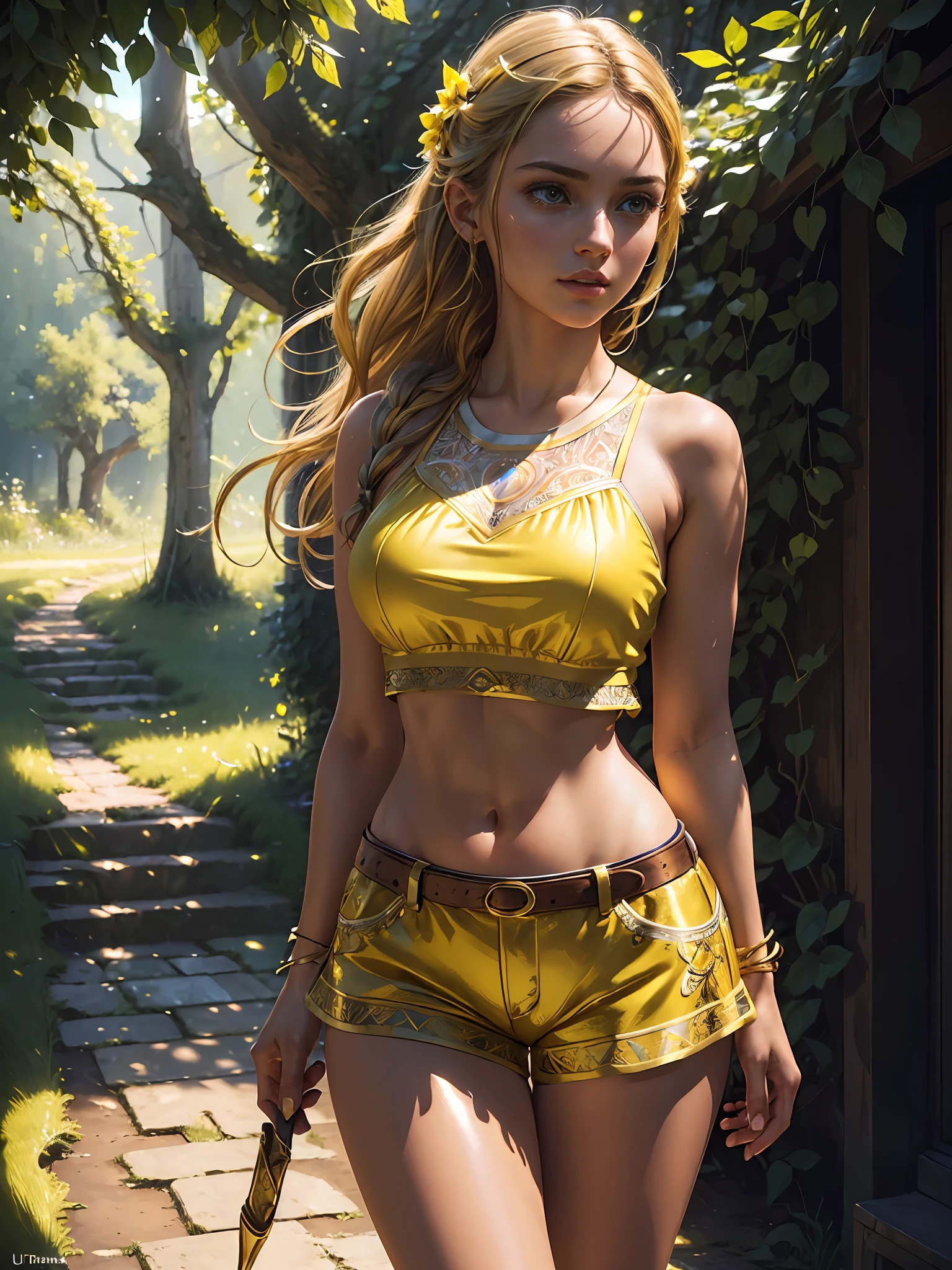(masterpiece), (best quality), ((ultra-detailed)), (hyperrealistic), (highly detailed photo), cinematic lighting, photorealistic, extremely beautiful young lady in European countryside, intricate detailed crop top and shorts, shining, gloss, crisp, flirty, epic, focus, artistic, very bright, yellow