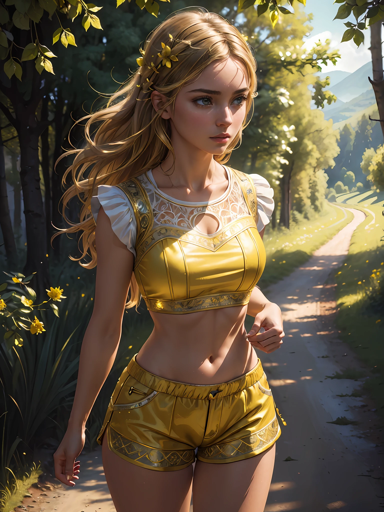 (masterpiece), (best quality), ((ultra-detailed)), (hyperrealistic), (highly detailed photo), cinematic lighting, photorealistic, extremely beautiful young lady in European countryside, intricate detailed crop top and shorts, shining, gloss, crisp, flirty, epic, focus, artistic, very bright, yellow