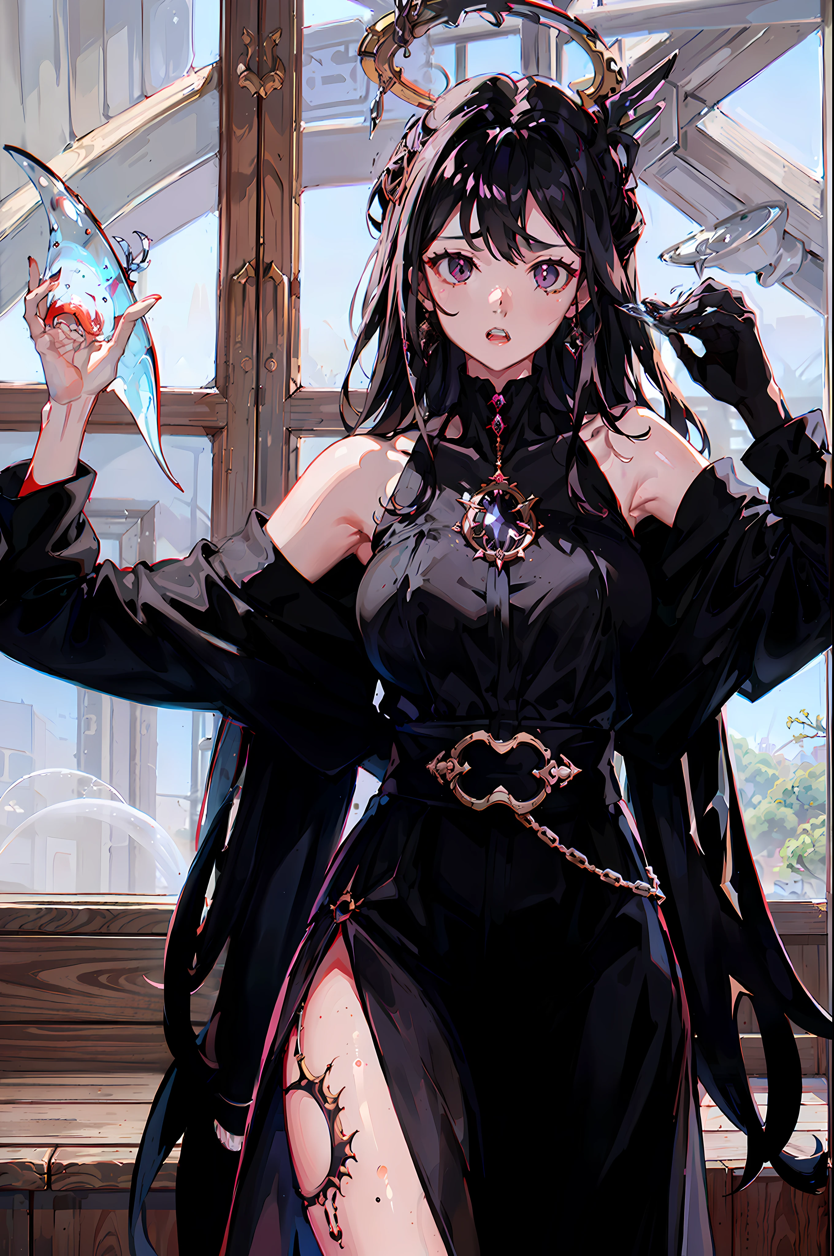 Una criatura sacada de las peores pesadillas. cuerpo femenino, shark teeth, ((4 brazos extra monstruosos que salen de su espalda de un materia viscosa de color ?????)), ((halo brillante en su cabeza)), ojos rojos. You're in a school classroom with a threatening attitude. ((Brazos dobles viscosos y afilados)) ((viscous black liquid))