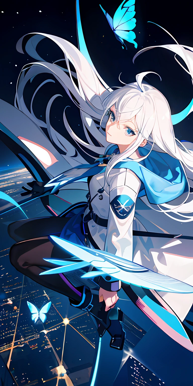 (master piece:1.2,high high quality), (pix:1.4), (1girll:1.2)long white hair,blue color eyes,Flying blue butterflies,Mature female body,holographic interface, 城市, blue jacket, mitts, City lights, longer sleeves, head looking up, view over city, Boots, buliding,sitted, the night, from the above