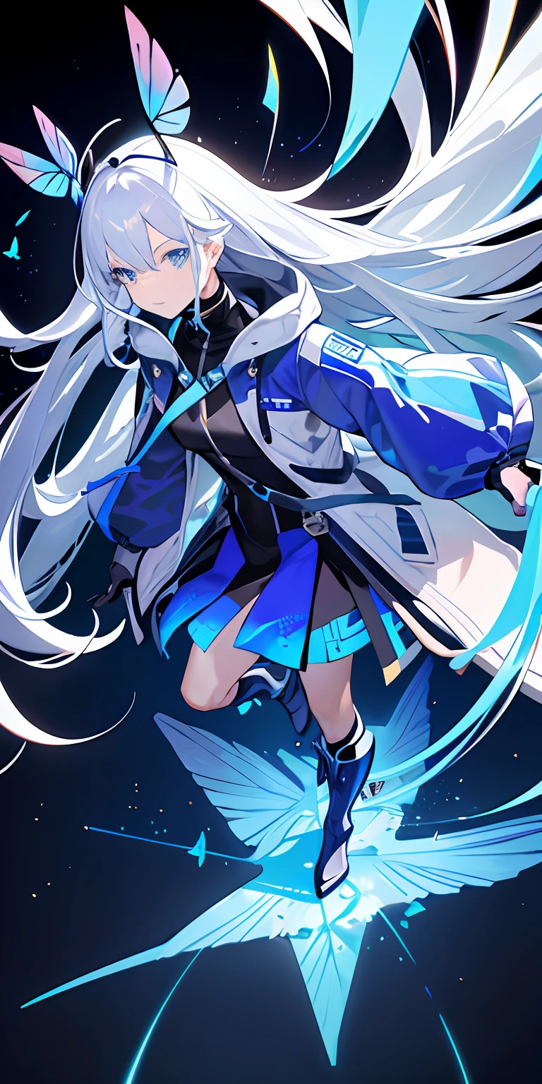 (master piece:1.2,high high quality), (pix:1.4), (1girll:1.2)long white hair,blue color eyes,Flying blue butterflies,Mature female body,holographic interface, blue jacket, City lights, longer sleeves, head looking up, view over city, Boots, buliding, the night, from the above,cyber punk perssonage,avant-garde