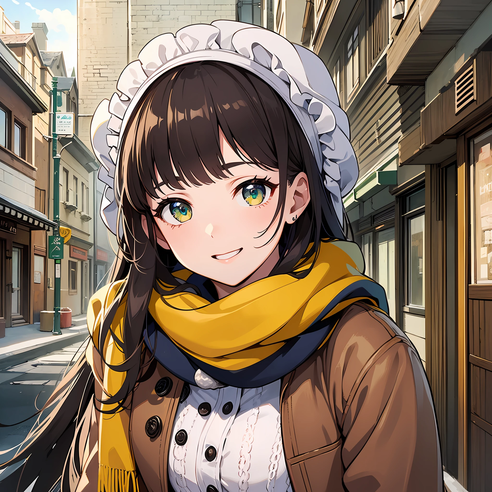 (masterpiece:1.3), (best quality:1.3), high resolution, 


upper body, 
leaning forward, body facing forward, 

(one cute girl:1.3), solo, 
white skin, small Breast, eight-headed person, 
light brown hair, long hair, straight hair, (blunt bangs:1.2), beautiful hair, green eyes, drooping eyes, beautiful detailed eyes, 

cheerful smile, 

coat, maid, (plain yellow scarf:1.2), 

outdoors, medieval western town, winter, snowy landscape, snowman, 

shadowlighting,