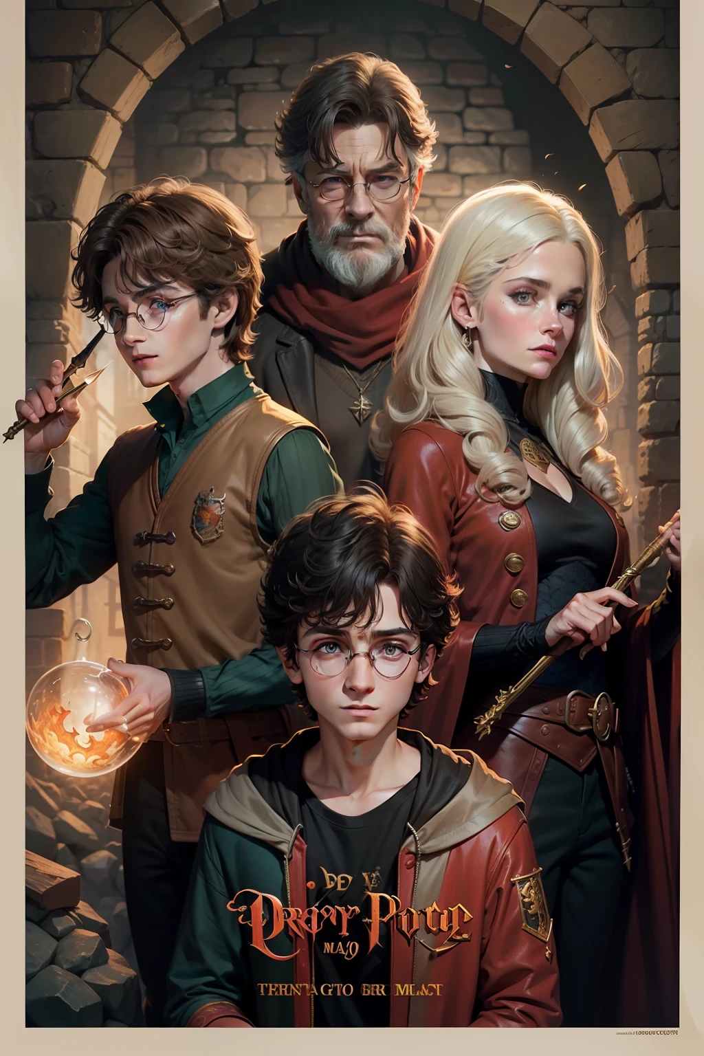 Movie poster Harry Potter and the Dragon Cave Boys of the 80s, todos os personagens, arte epica, detalhada, brilho de magia, arqueiro. bob, sheila, diana, preston mestre dos magos, desenho animado dos anos 80 dangers and dragon,