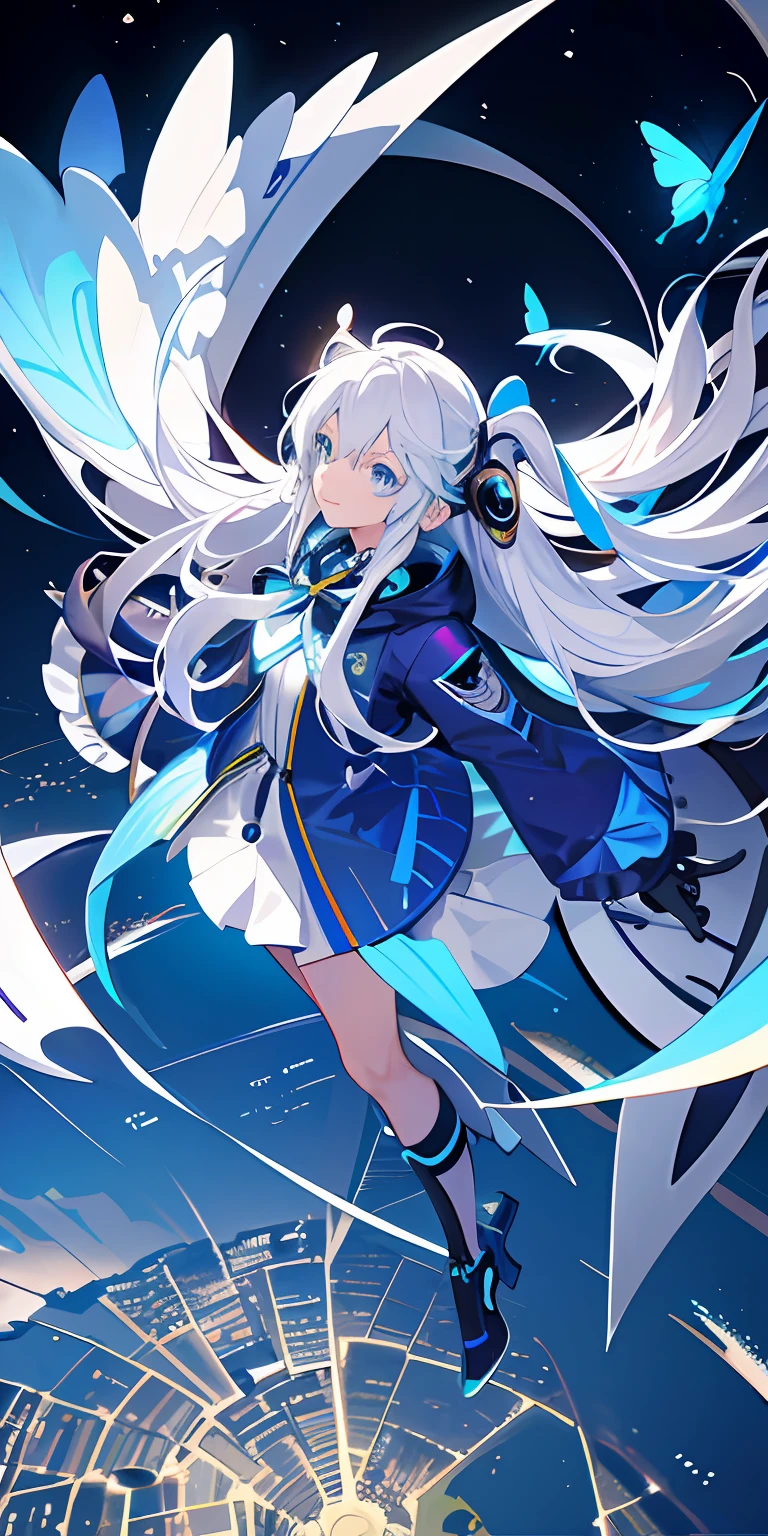 (master piece:1.2,high high quality), (pix:1.4), (1girll:1.2)long white hair,blue color eyes,Flying blue butterflies,Mature female body,holographic interface, blue jacket, City lights, longer sleeves, head looking up, view over city, Boots, buliding, the night, from the above,cyber punk perssonage,Avant-garde