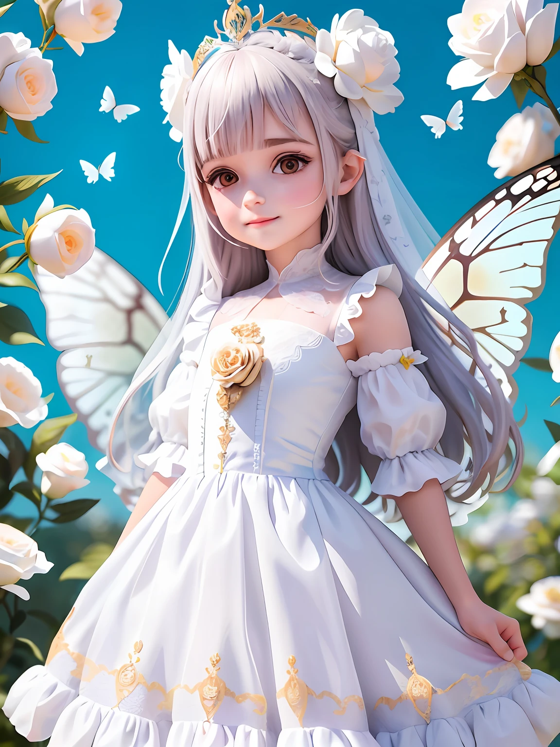 Uma garotinha fofa estava especialmente feliz, com belo vestido transparente branco, its head has a crown of white roses and butterflies fly around it, estilo arte noveau