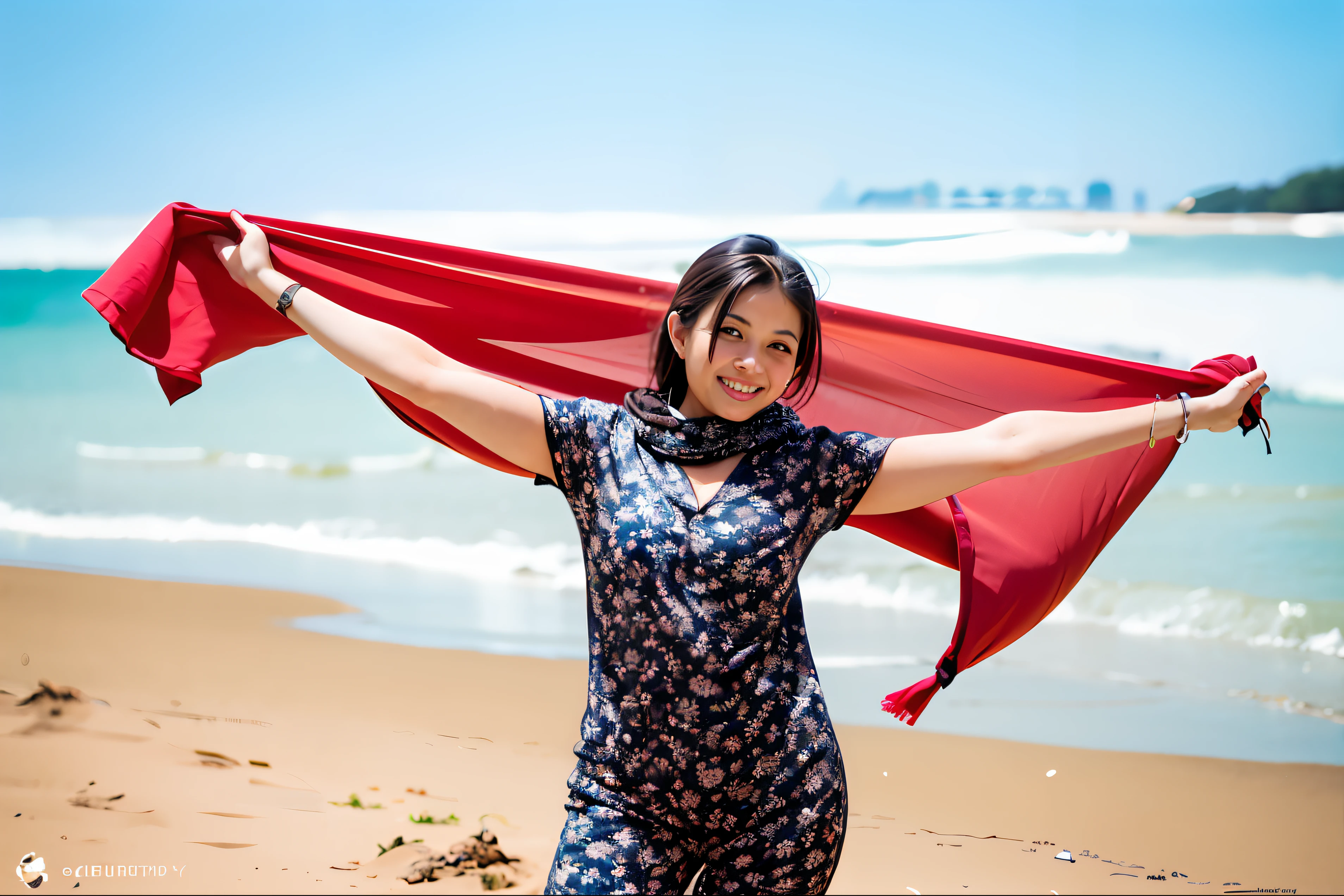 woman with a red scarf on a beach near the ocean, posing on a beach with the ocean, inspired by T. K. Padmini, posing on the beach, candid photography, at a beach, with a cool pose, by Max Dauthendey, * colour splash *, posing!!, profile pic, shot on canon camera, casual photography, in the beach