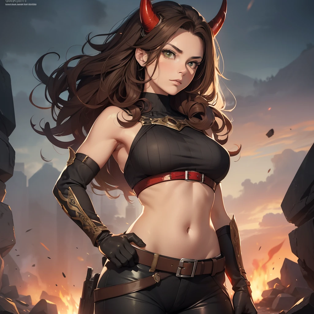 (highres, best quality, masterpiece) realistic drawing, adult female, (solo, women), mother like, standing, looking fierce, looking confident, serious expression, (detailed, highly detailed), with red skin, soft lighting 4k, dramatic lighting 4k, long brown hair, curly hair, green eyes, (detailed eyes), demon red skin, fully body hunter outfit, ((gloves: black, boots: brown, pants: brown)), (athletic_build, fit body), devil horns, devil tail, red skin, tan stomach, smooth skin, on a battlefield, magic hands, casting magic
