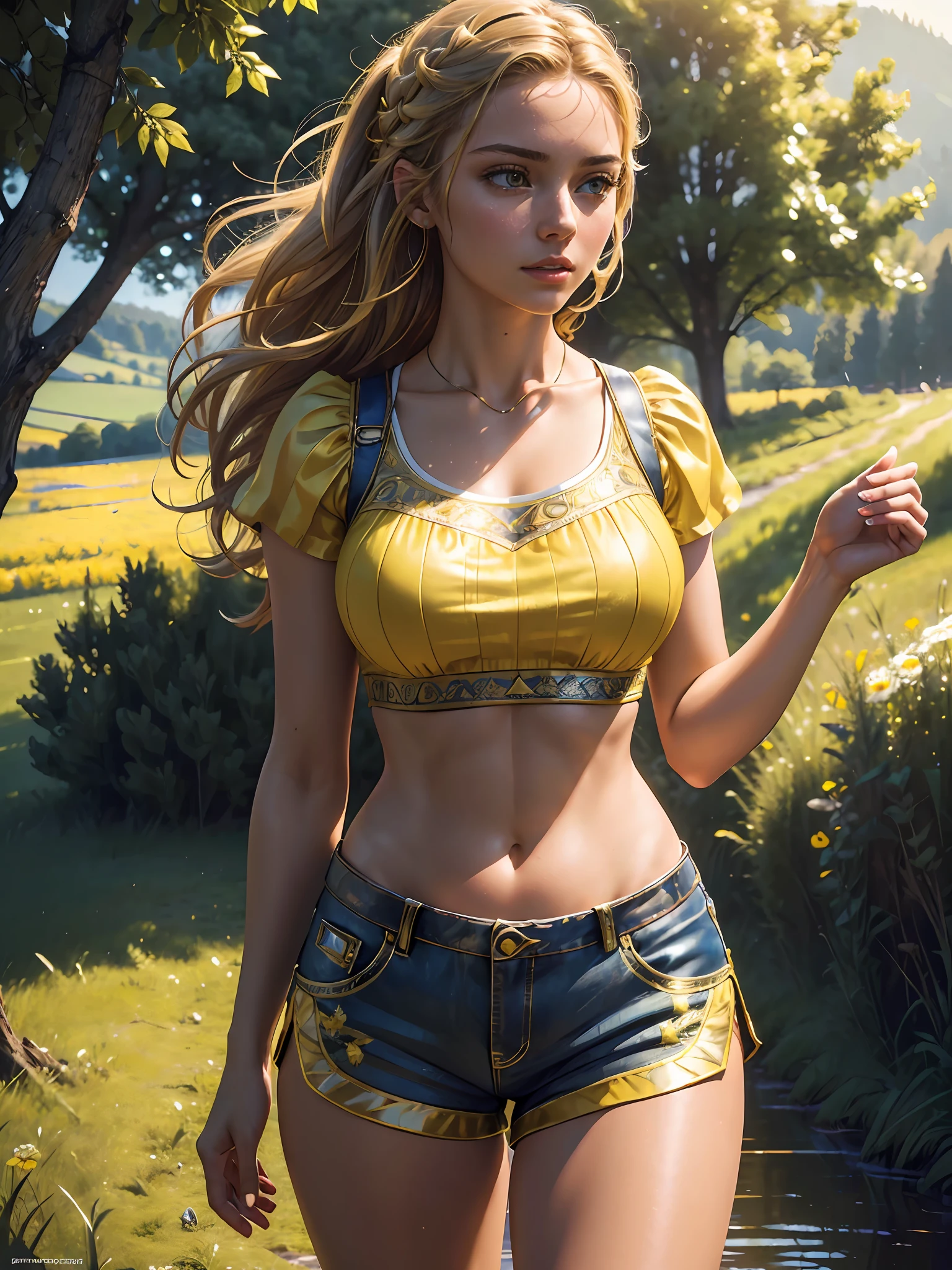 (masterpiece), (best quality), ((ultra-detailed)), (hyperrealistic), (highly detailed photo), cinematic lighting, photorealistic, extremely beautiful young lady in European countryside, intricate detailed crop top and shorts, shining, gloss, crisp, flirty, epic, focus, artistic, very bright, yellow