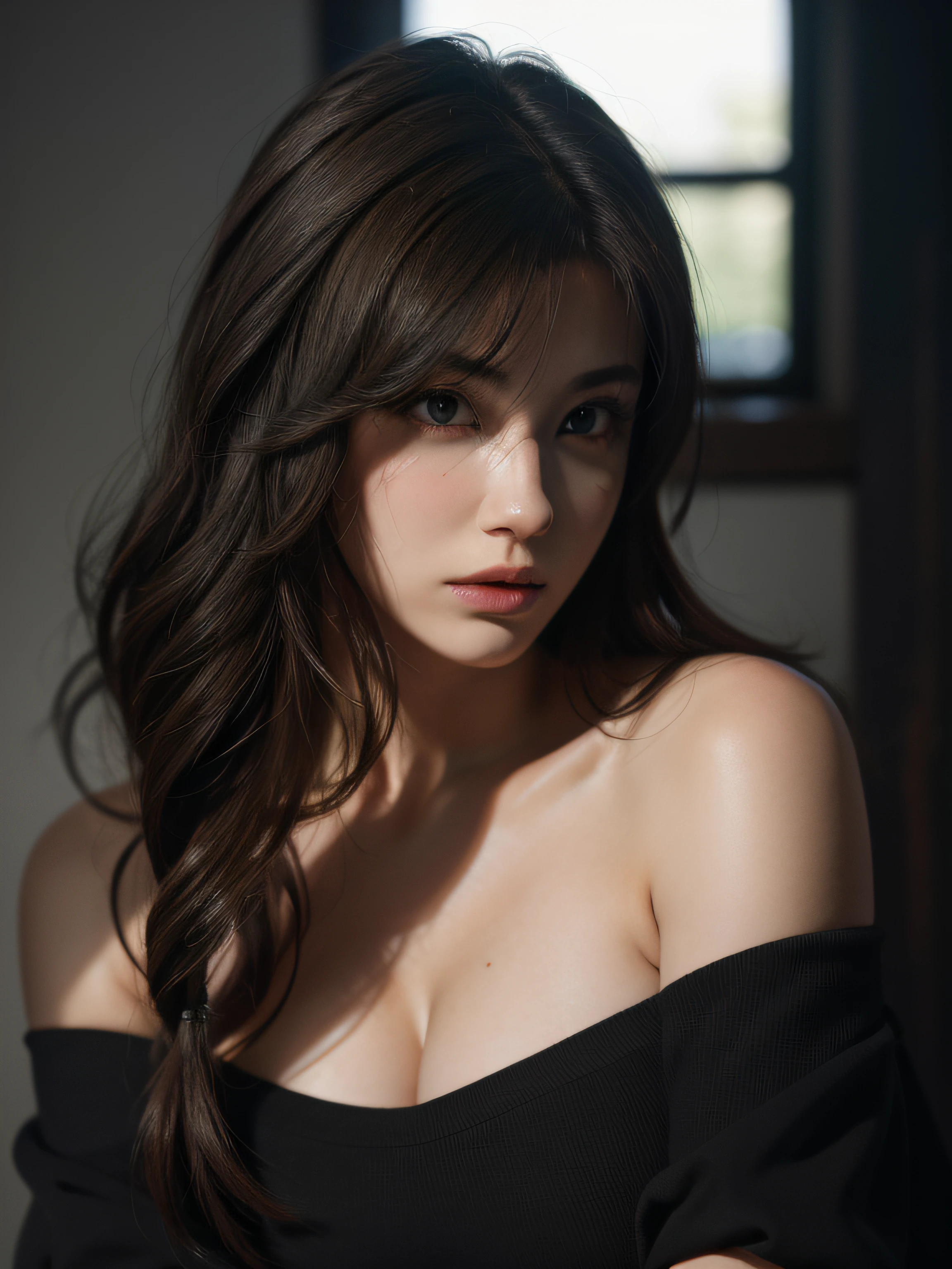 (Tifa Lockhart) as (Solid Snake), Best quality, masterpiece, ultra high res, (photorealistic:1.5), raw photo, 1girl, offshoulder, in the dark, deep shadow, low key, cold light, sexy look, long dark ash brown hair