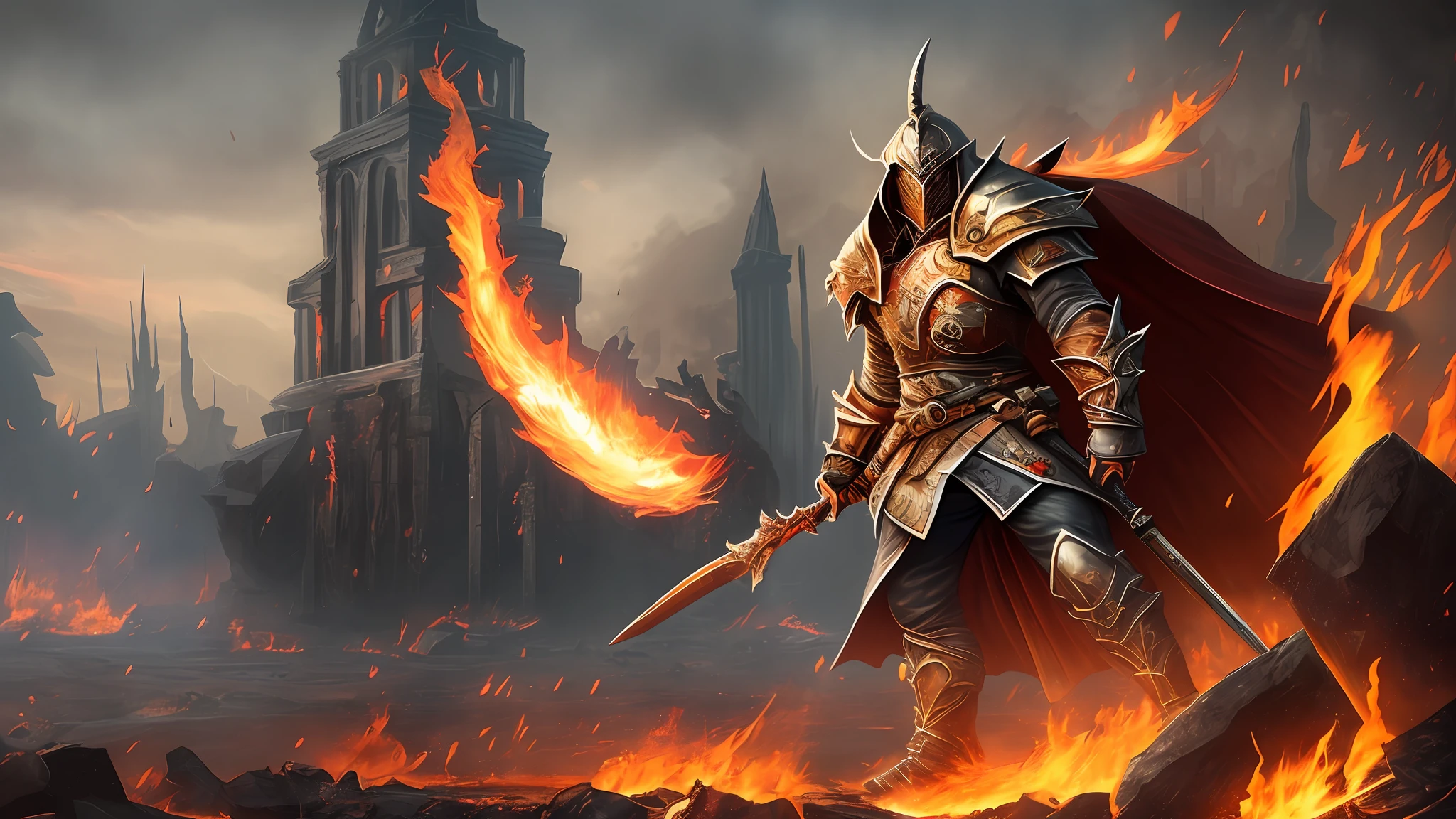 ((masterpiece))), (((best quality))), ((ultra-detailed)), (hyper-realistic), (highly detailed CG illustration), cinematic light, photorealistic, Amidst the ruins of a forsaken realm, a male demonic warrior clad in full black armor strides with an aura of vengeance. His armor, a seamless blend of fire-wrought metal and supple leather, wraps around his powerful frame like a second skin. A pair of towering horns curve from his temples, their dark and twisted forms mirroring his inner turmoil. A flowing cape, dark as the depths of the abyss, billows behind him, seemingly alive with an infernal energy. In his grip, a wickedly serrated blade drips with molten fire, casting an eerie, blood-red glow on the desolate landscape. The setting sun bathes the ruins in shades of fiery orange and deep crimson, its light casting long, ominous shadows. As he moves through the ruins, the warrior's every step ignites the scorched earth beneath him, leaving a trail of smoldering destruction in his wake, a testament to his relentless pursuit of retribution. --auto --s2