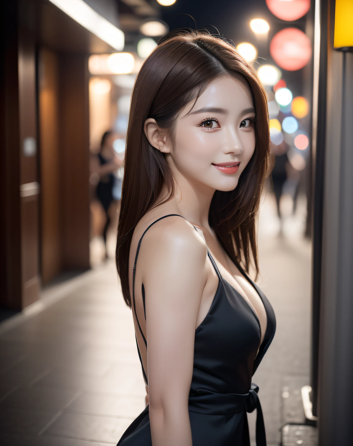 ((from side:1.5, full body:1.5), (Realistic, Photorealistic: 1.37), (Masterpiece, Best Quality: 1.2), (Ultra High Resolution: 1.2), (RAW Photo: 1.2), (Sharp Focus: 1.37), (Face Focus: 1.5), (hyper-sharp image:1.3), (shots on Nikon), (Ultra Detailed CG Unified 8k Wallpaper: 1.2), (Beautiful Skin: 1.2), (pale Skin: 1.3), (Hyper Sharp Focus: 1.5), (Ultra Sharp Focus: 1.5), (Beautiful pretty face:1.3, Taiwan actress face:1.3), (super detailed background, detail background: 1.3), a very cute and beautiful pictures of women, (actress), professional attire, (22 years old: 1.1), portrait of a girl, When viewed from the front, the composition is symmetrical, (Studio lighting: 1.3), (Cinematic lights: 1.3), (backlight: 1.3), dim lighting, lighting that covers the whole body, BREAK, ((looking straight at you, arms behind back, stylish posing:1.3)), break, (shiny-brown half up thin hair: 1.2), dark brown eyes, beautiful eyes, princess eyes, ((brown hair:1.3)), single hair, bangs, Hair between eyes, Long hair, slender, abs, perfect abs, (medium-breast;1.47, cleavage:1.27), (thin waist: 1.15), (detailed beautiful girl: 1.4), (Chest squeezed together, View viewer, (wearing a black modern party dress:1.3)), Solo, Parted lips, Red lips, (shiny skin), sweat, (detailed night street view background:1.2), (light smile:1.37, closed mouth:1.37), ((Perfect Female Body)), (full Body Image:1.3), Frame Head, Perfect Anatomy, Perfect Proportions, 8.5 Life-Size, tall, Face Focus, Ultra Realistic Photo, Hyper Sharp Image, Hyper Detail Image,
