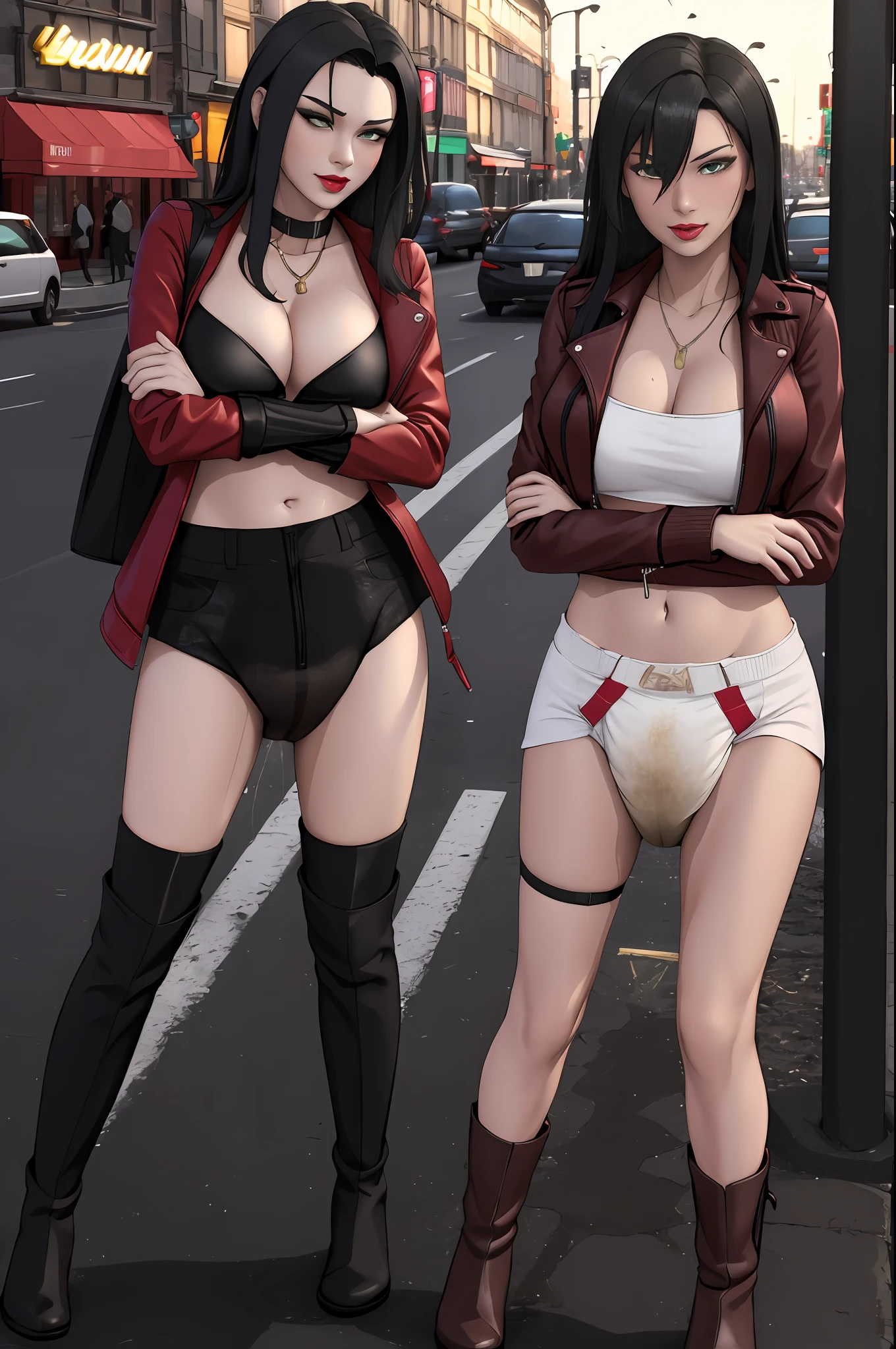 (masterpiece, top quality, best quality, highly detailed:1.2), colorful, 1girl, solo, photo of a sexy woman standing seductively on the street corner in a wet diaper, outdoors, standing ,pee stain, diaper, wet diaper, wetness indicator, stockings, pantyhose, red biker jacket, revealing white crop top, thigh high black boots, golden braclet, smirking, black hair, green eyes, night, city, neon lights, bronze skin, large breast, red lipstick